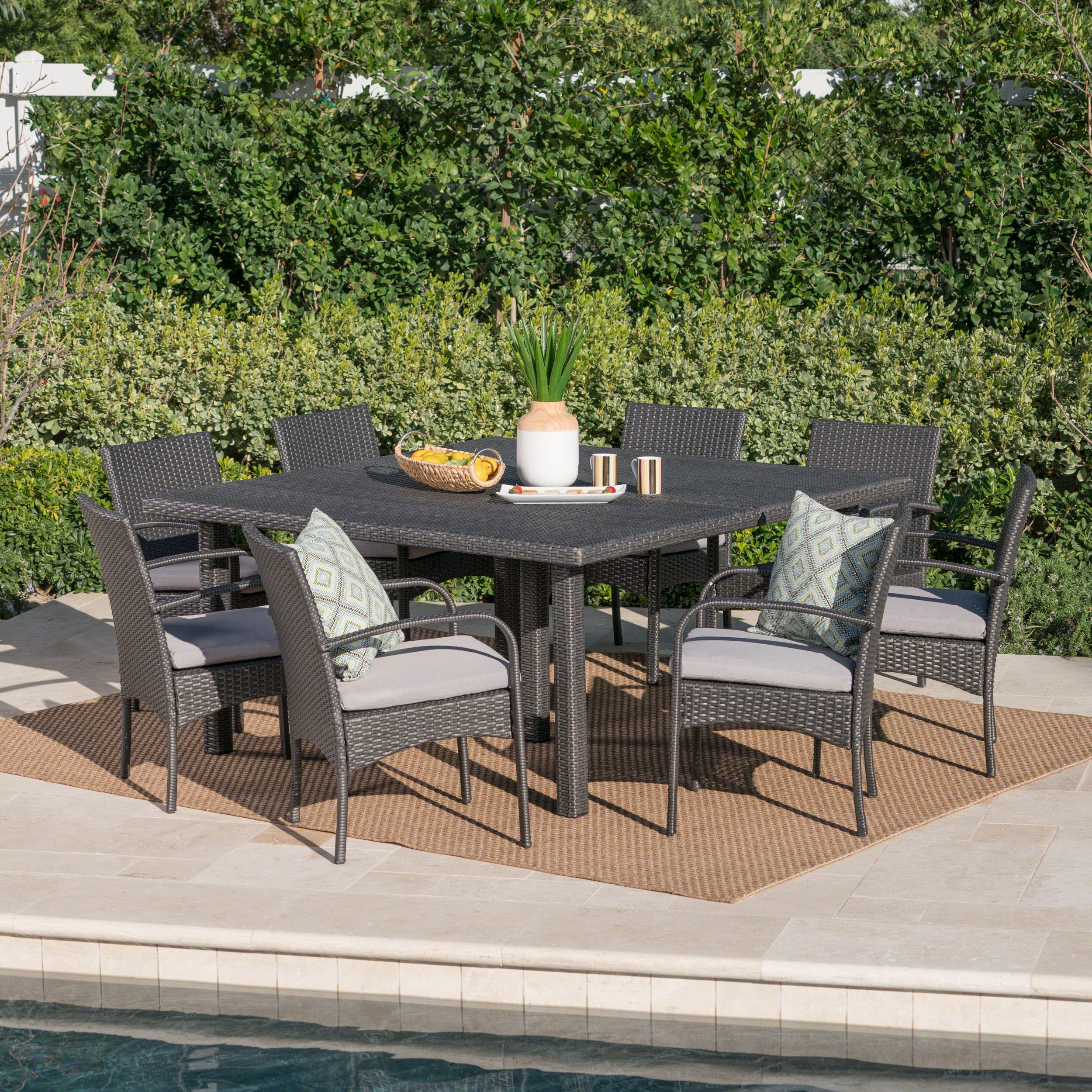 Coral Outdoor 9 Piece Wicker Dining Set with Water Resistant Cushions - furnishings