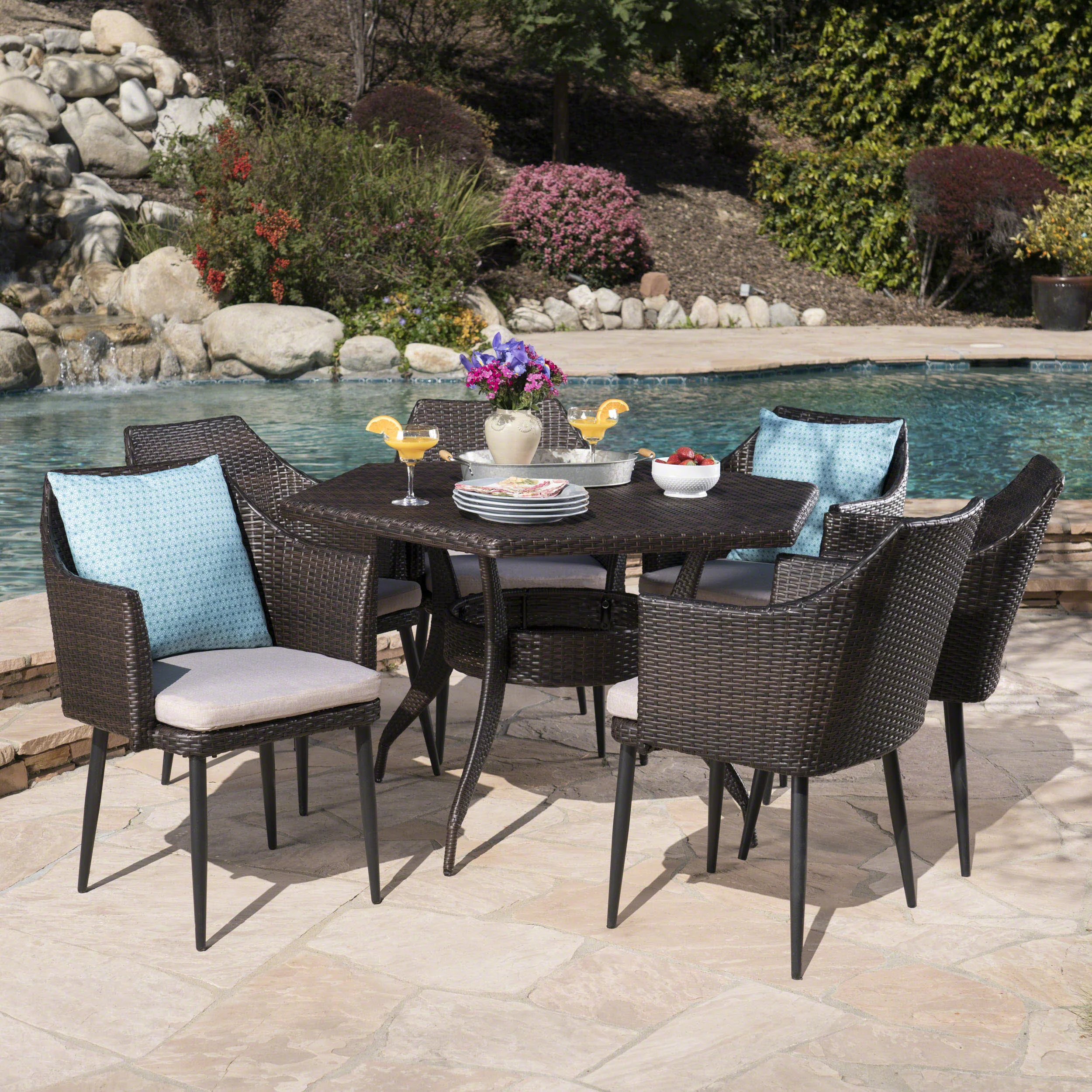 Andre Outdoor 7 Piece Wicker Hexagon Dining Set with Water Resistant Cushions - furnishings