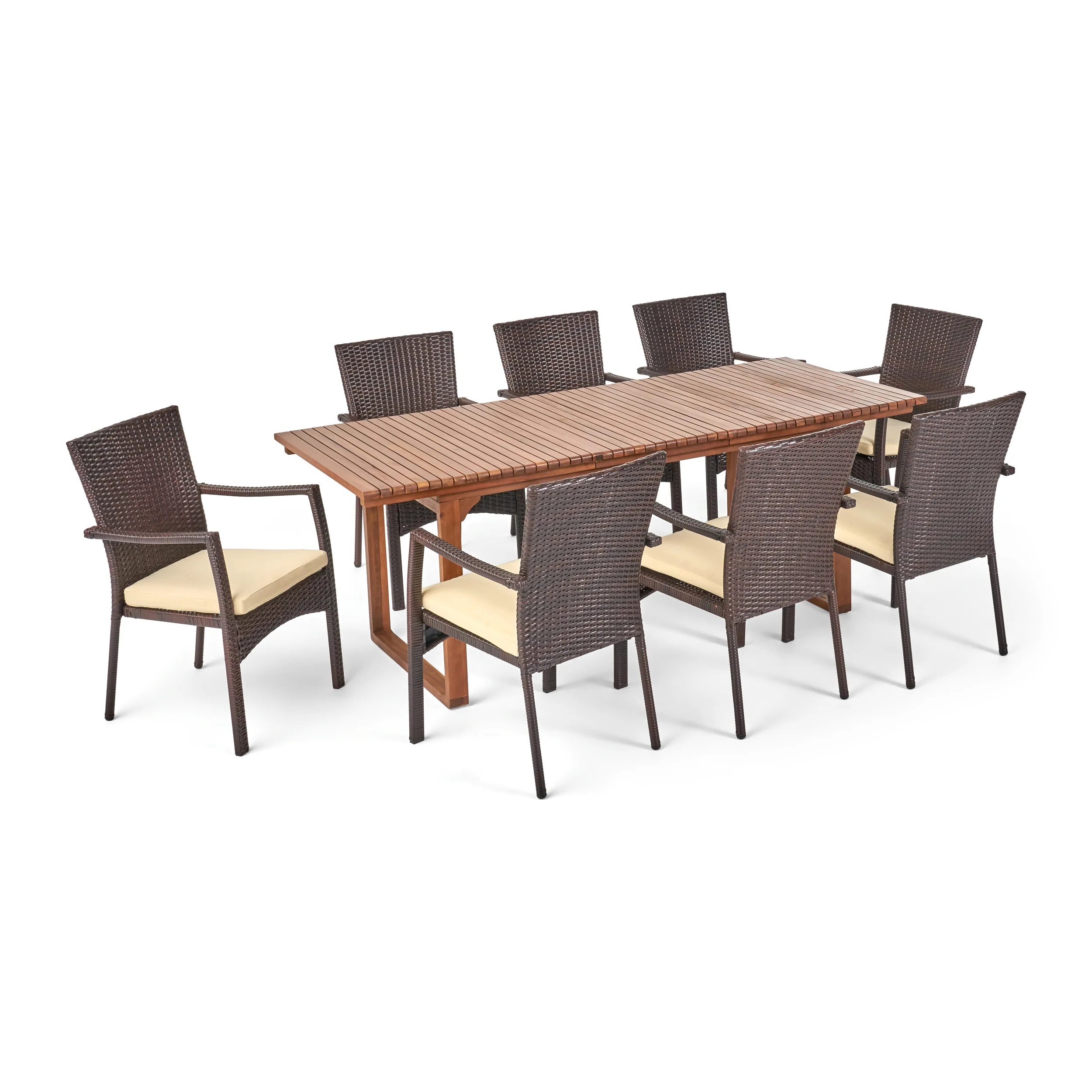 Maise Outdoor 8 Seater Expandable Wood and Wicker Dining Set - furnishings