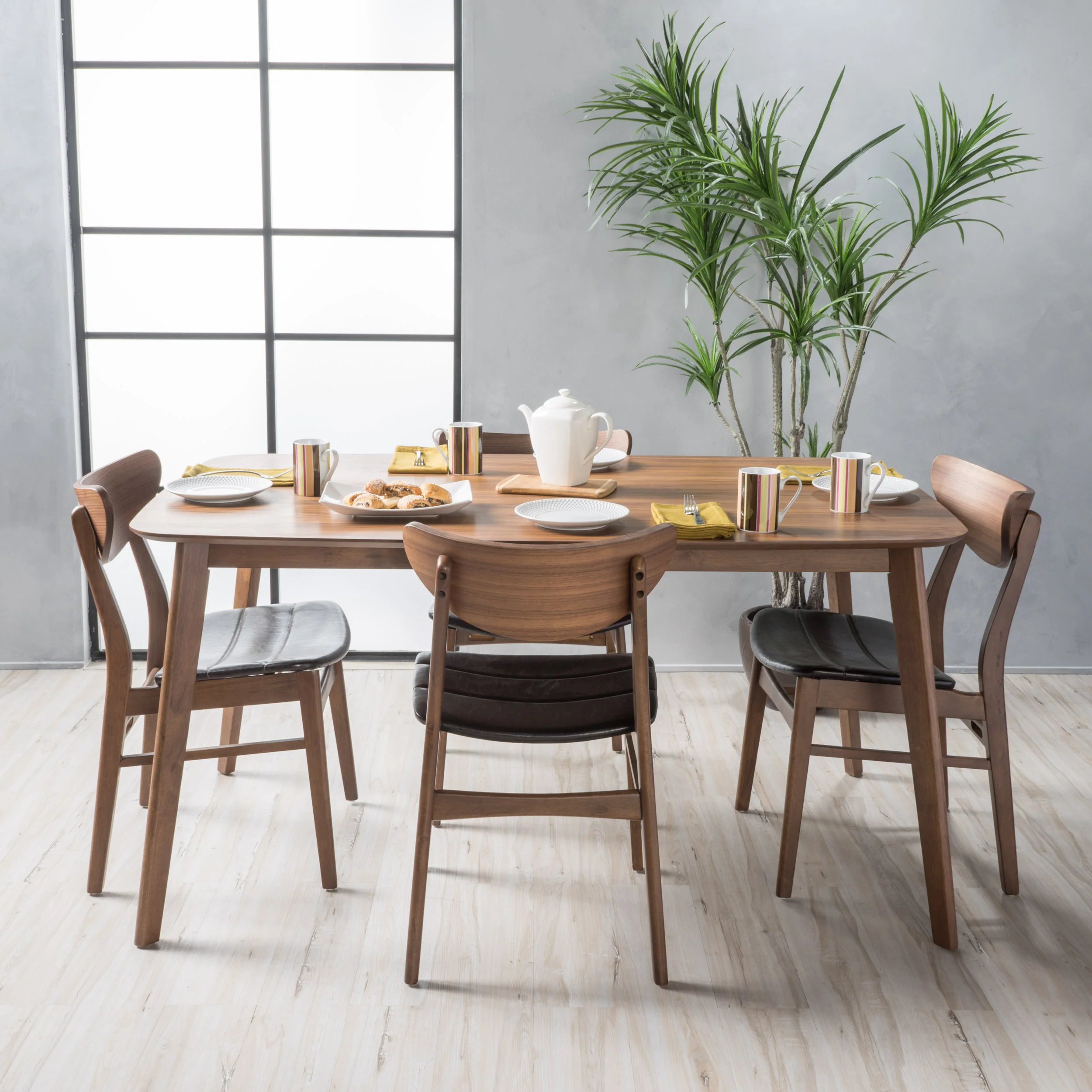 Camilla Dark Brown Leather Wood Finish 60-inch Rectangular 5 Piece Dining Set - furnishings