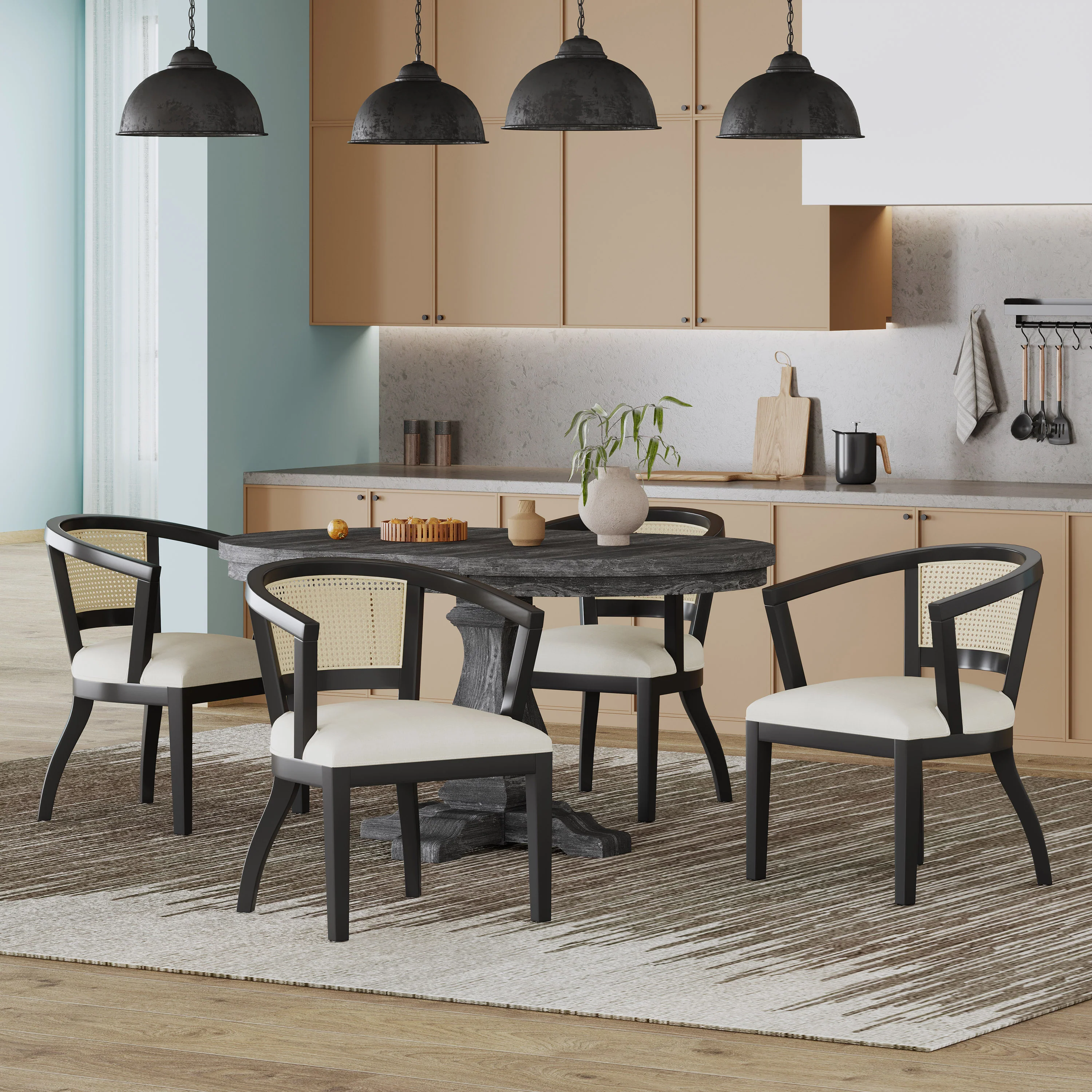 Dumars Traditional Upholstered Wood and Cane 5 Piece Dining Set - furnishings