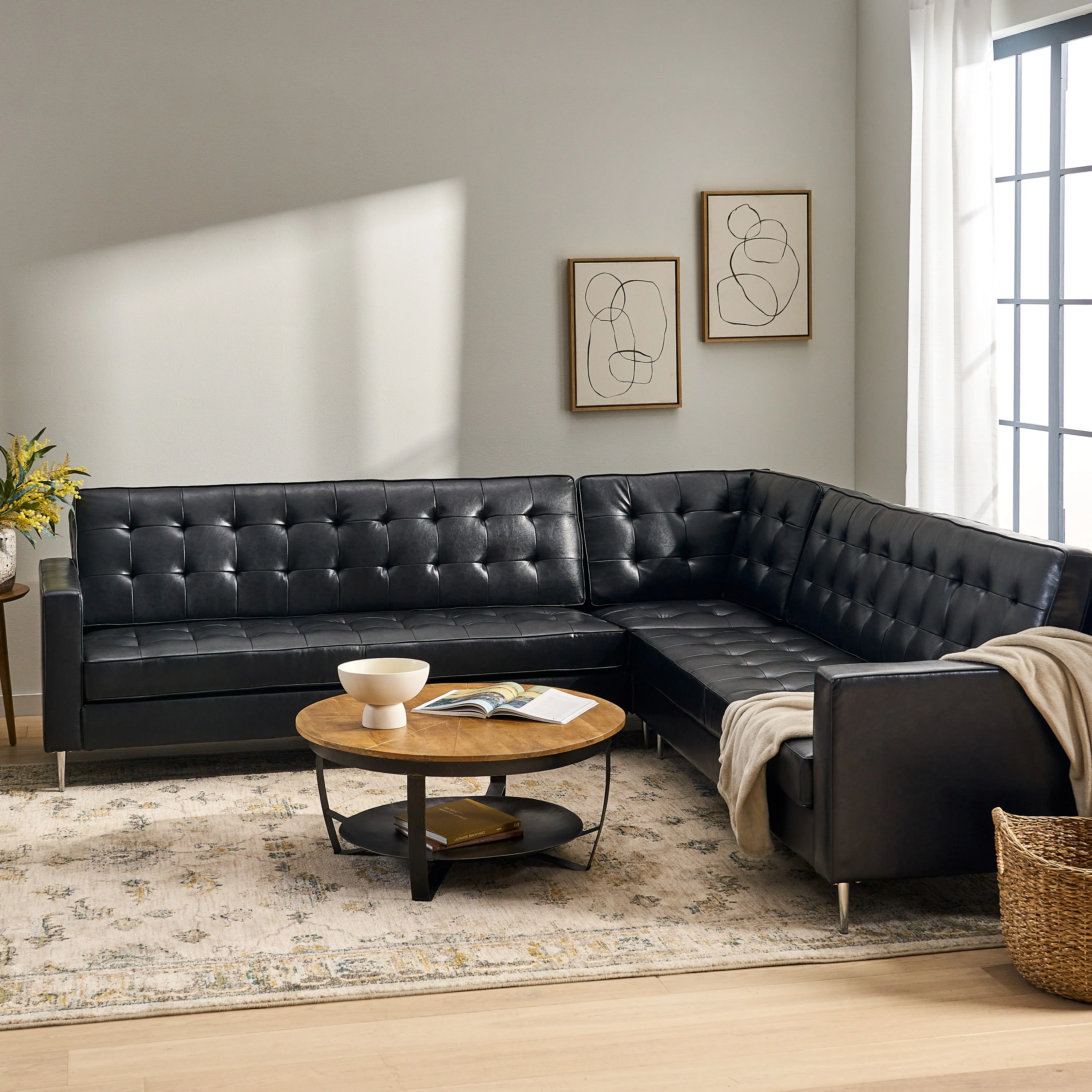 Goliath Contemporary Faux Leather Tufted 5 Seater Sectional Sofa Set - furnishings