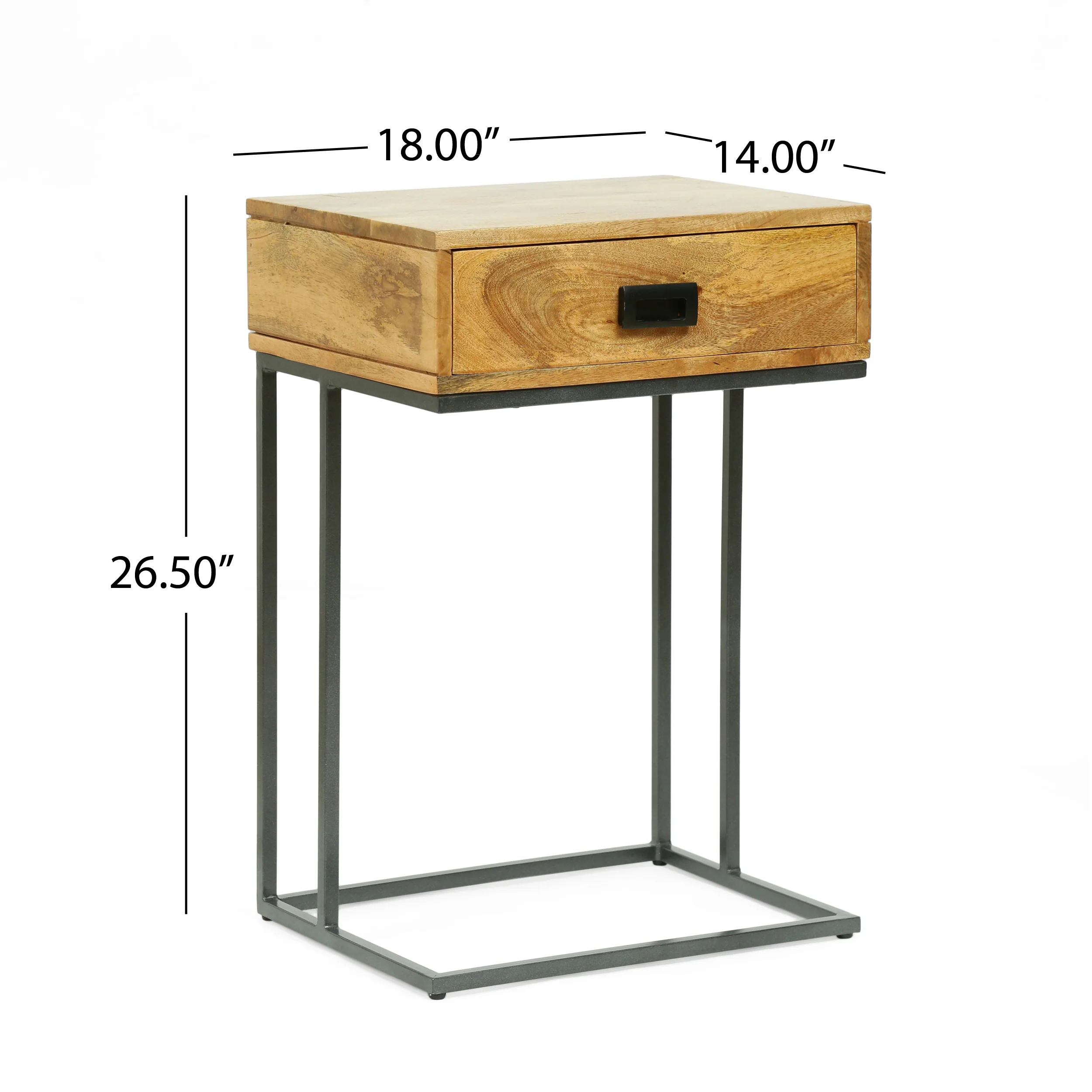 Aranda Modern Industrial Handmade Mango Wood C-Shaped Side Table with Drawer, Natural and Gray - furnishings