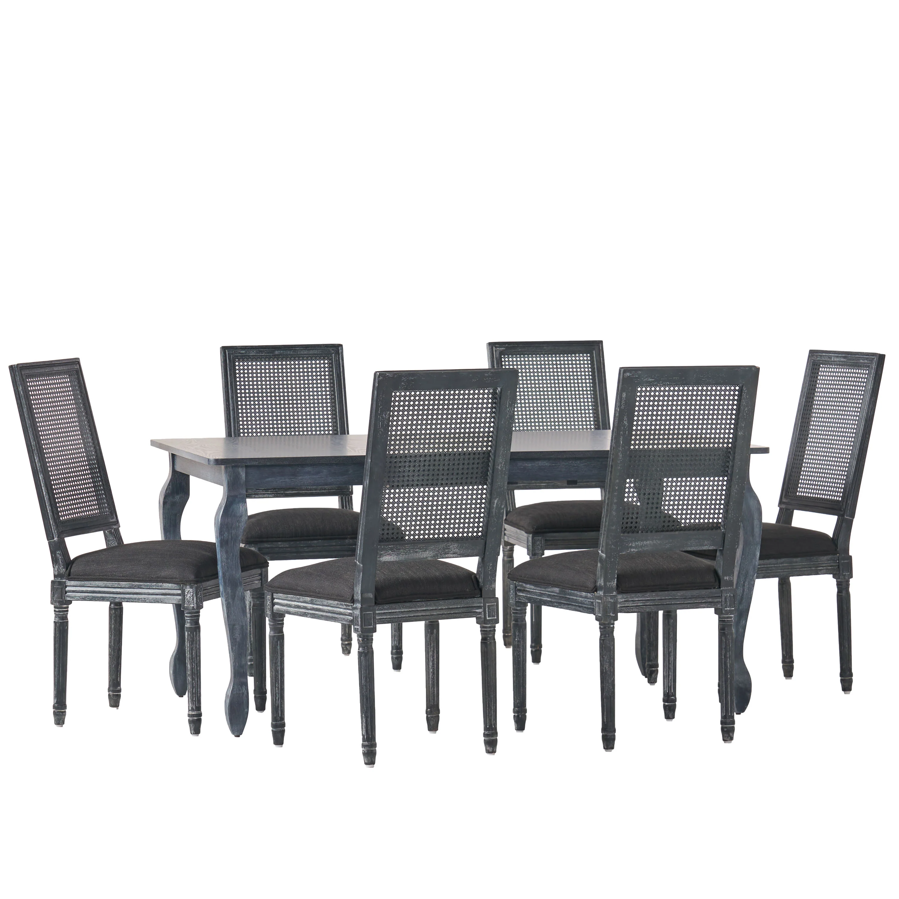 Fernleaf French Country Fabric Upholstered Wood and Cane Expandable 7 Piece Dining Set - furnishings
