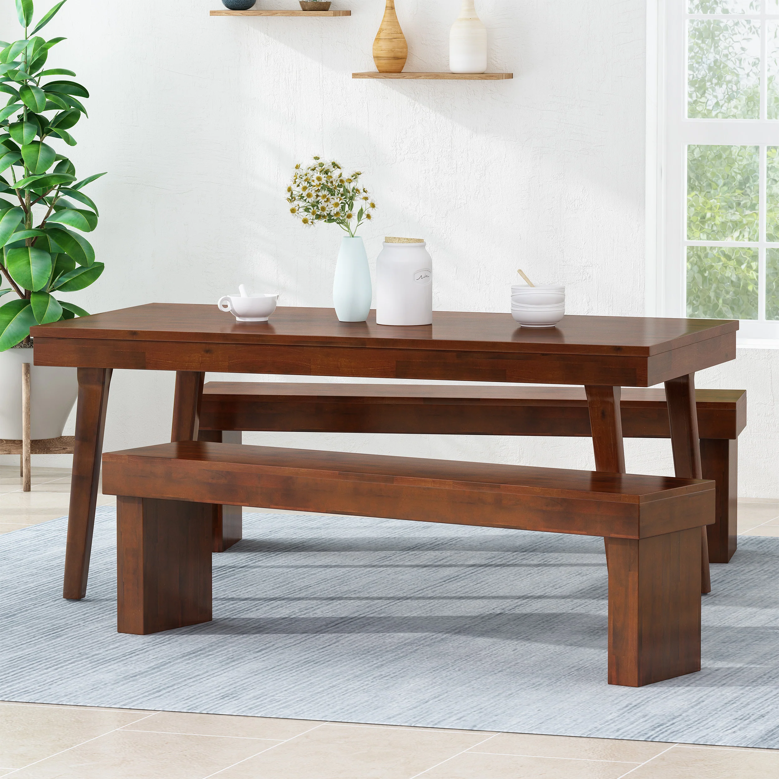 Salvador 3pc Mahogany Stained Wood Table and Bench Dining Set - furnishings