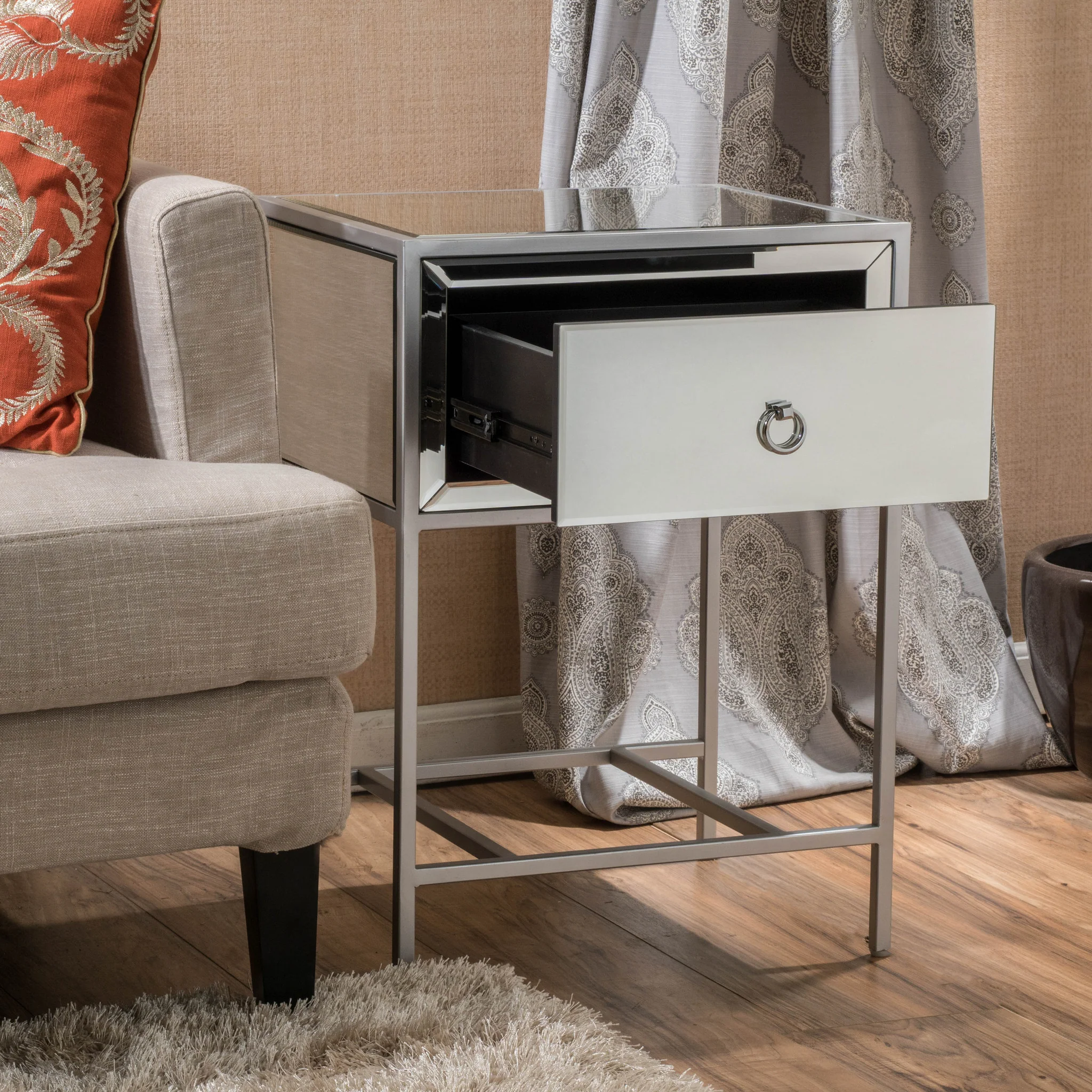 Athena Mirrored Silver 1 Drawer Side Table - furnishings