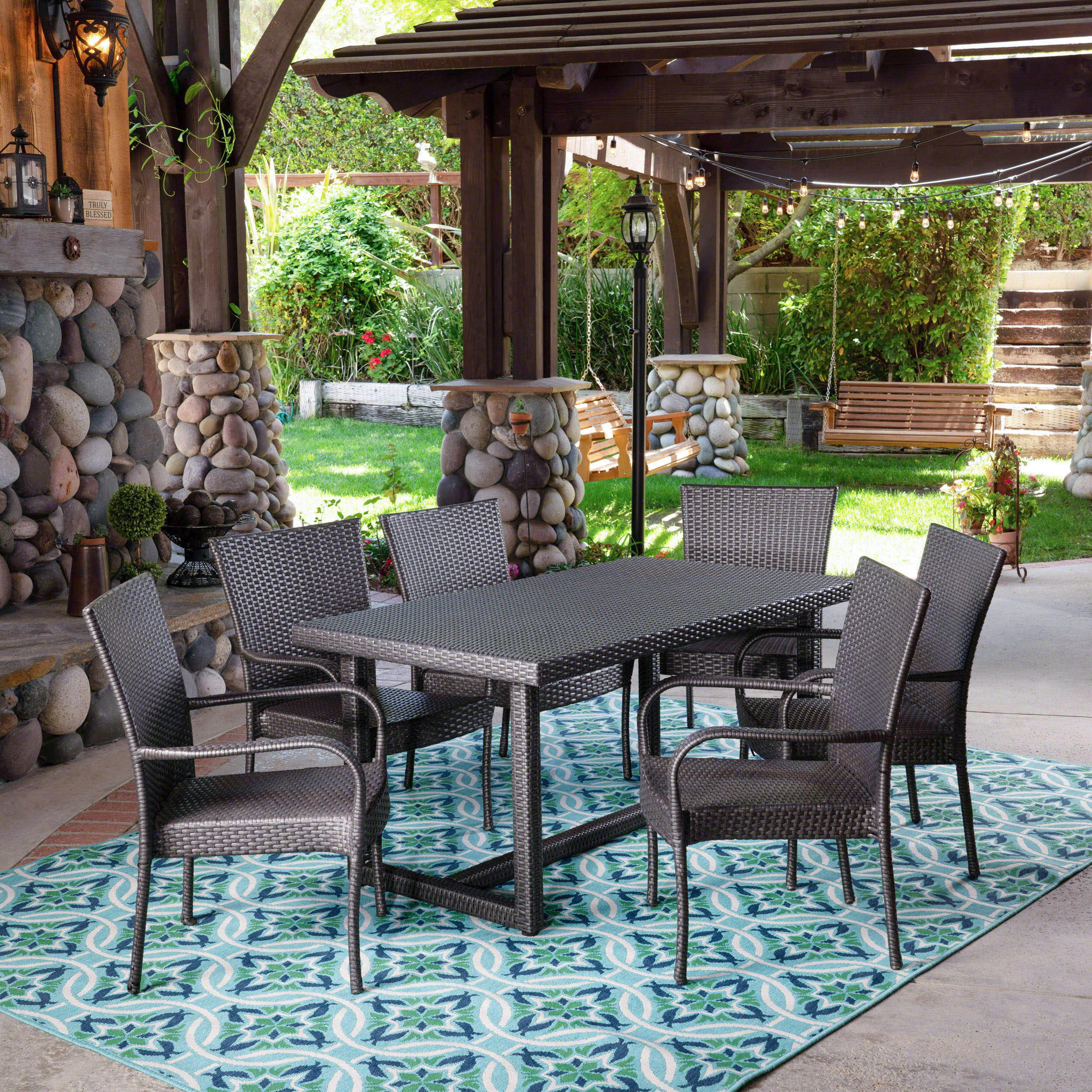 Liam Outdoor 7 Piece Wicker Dining Set, Grey - furnishings