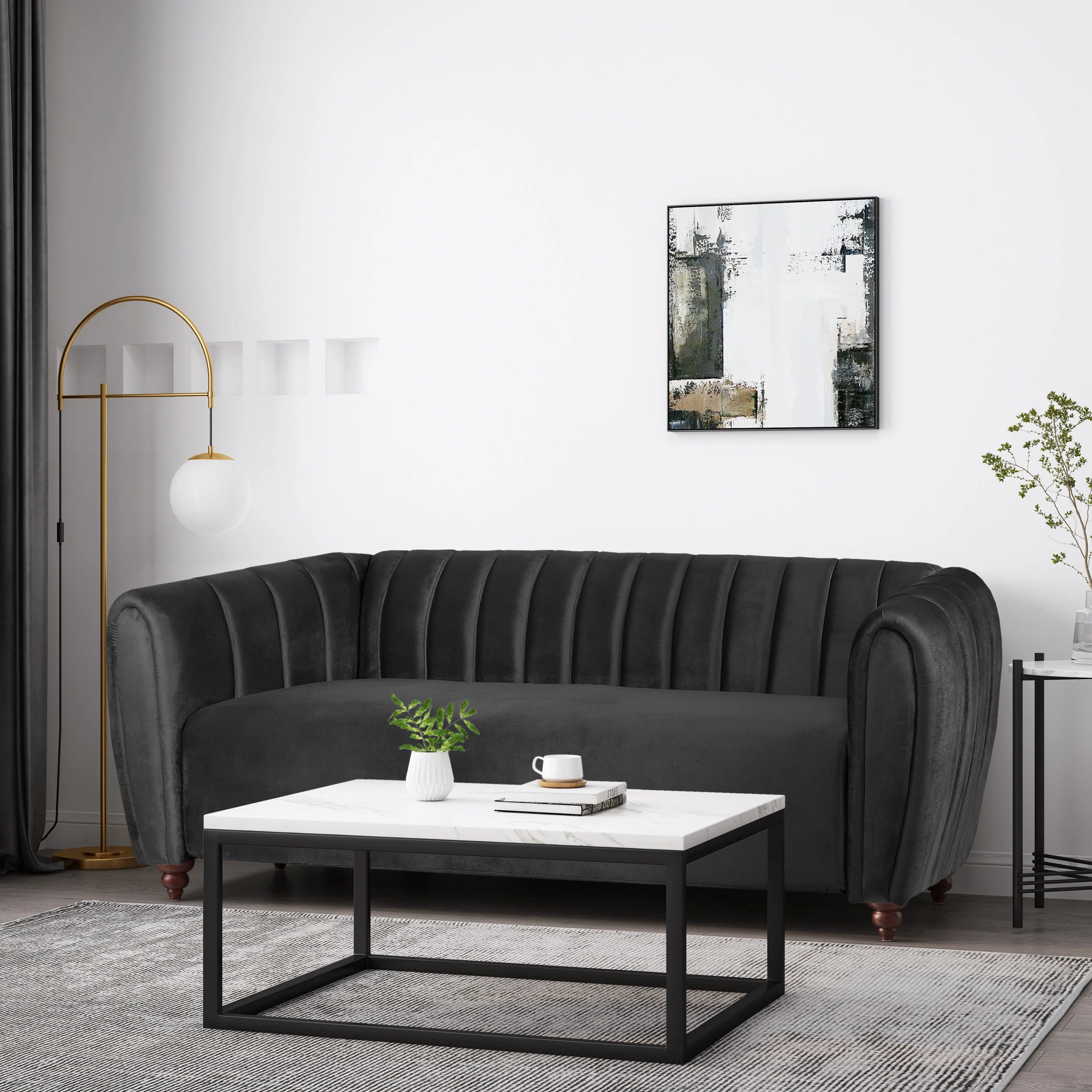 Worden Modern Glam Velvet Channel Stitch 3 Seater Sofa - furnishings