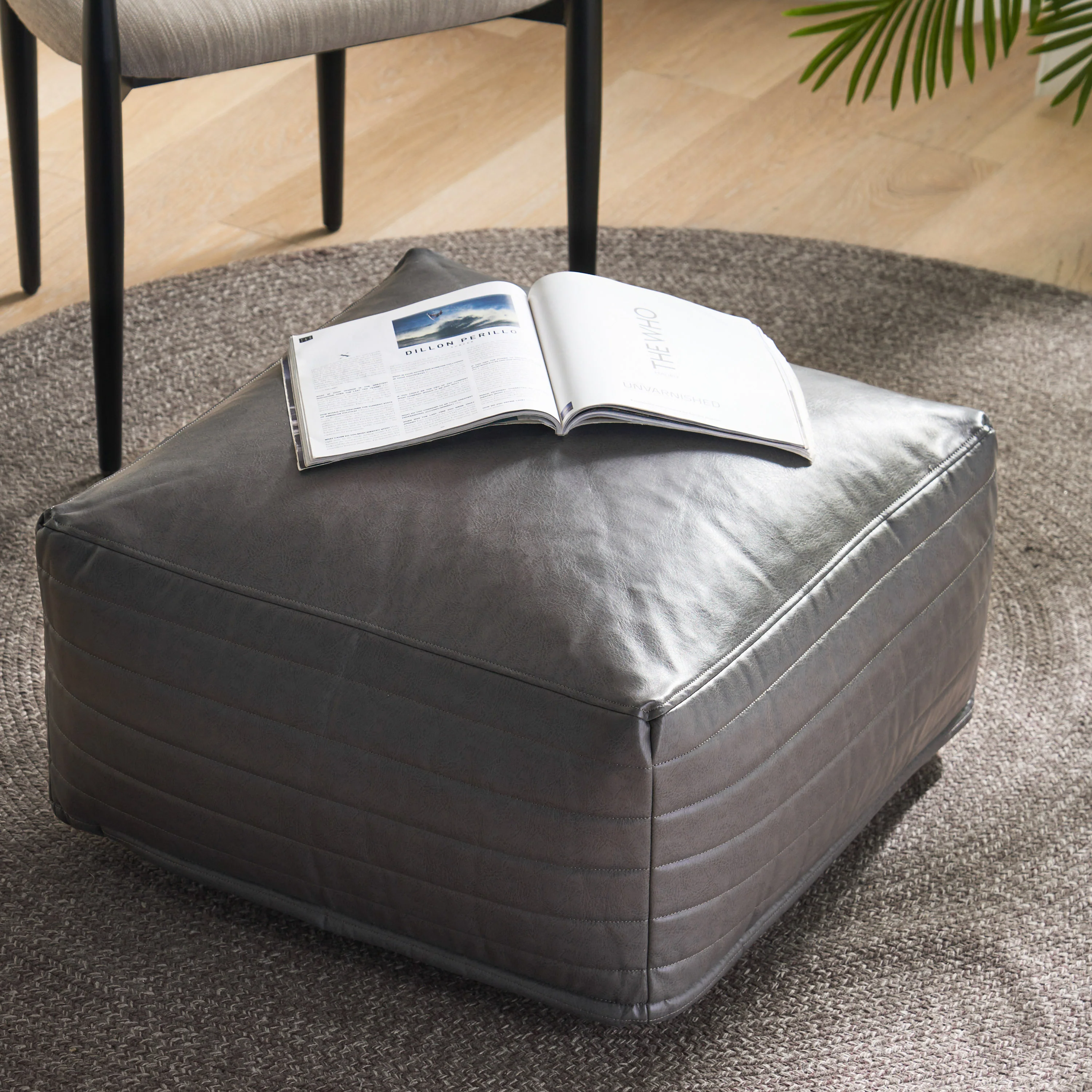 Conrail Contemporary Faux Leather Channel Stitch Pouf - furnishings