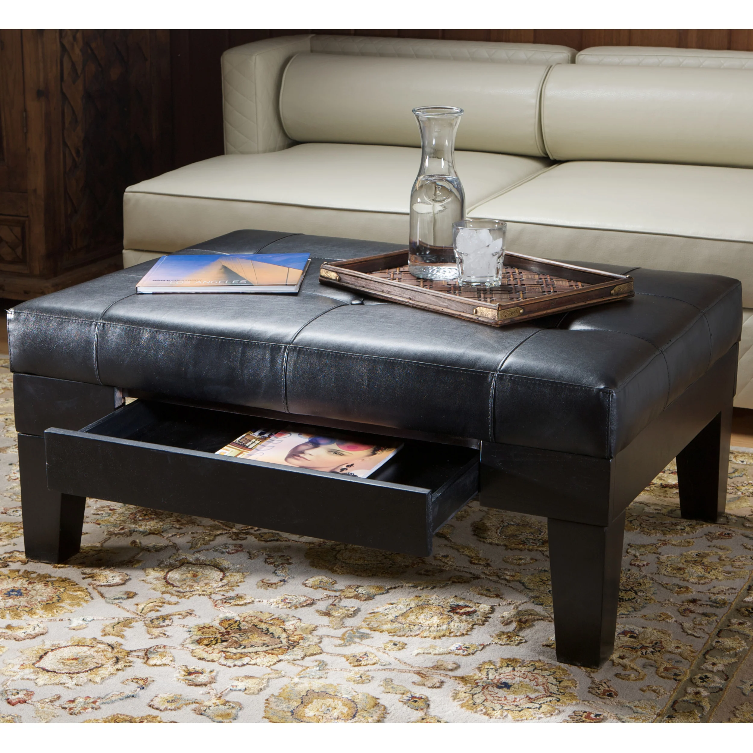 Tucson Contemporary Tufted Leather Storage Ottoman Table with Drawer - furnishings