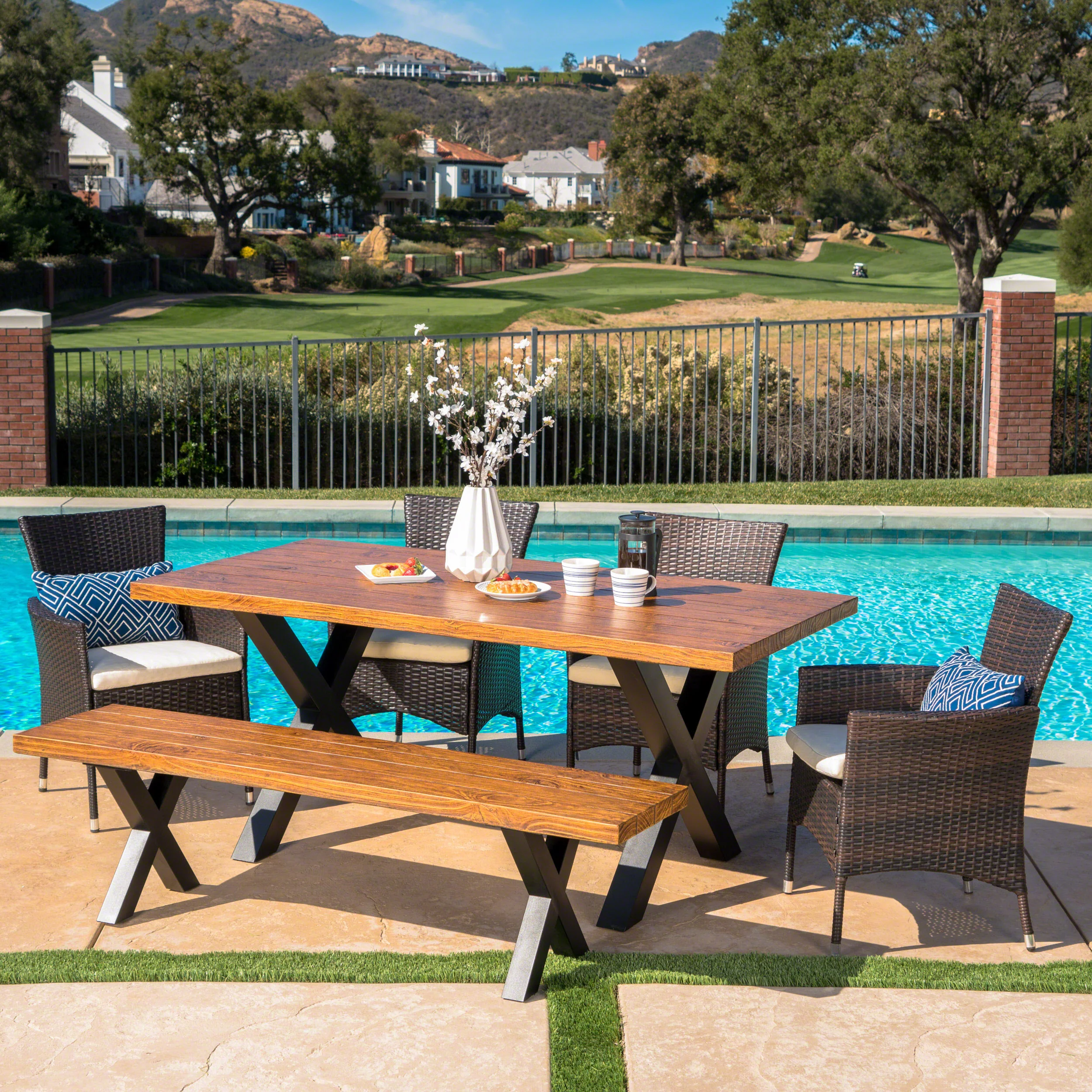 Nazareno Outdoor 6 Piece Wicker Dining Set with Concrete Table and Bench - furnishings