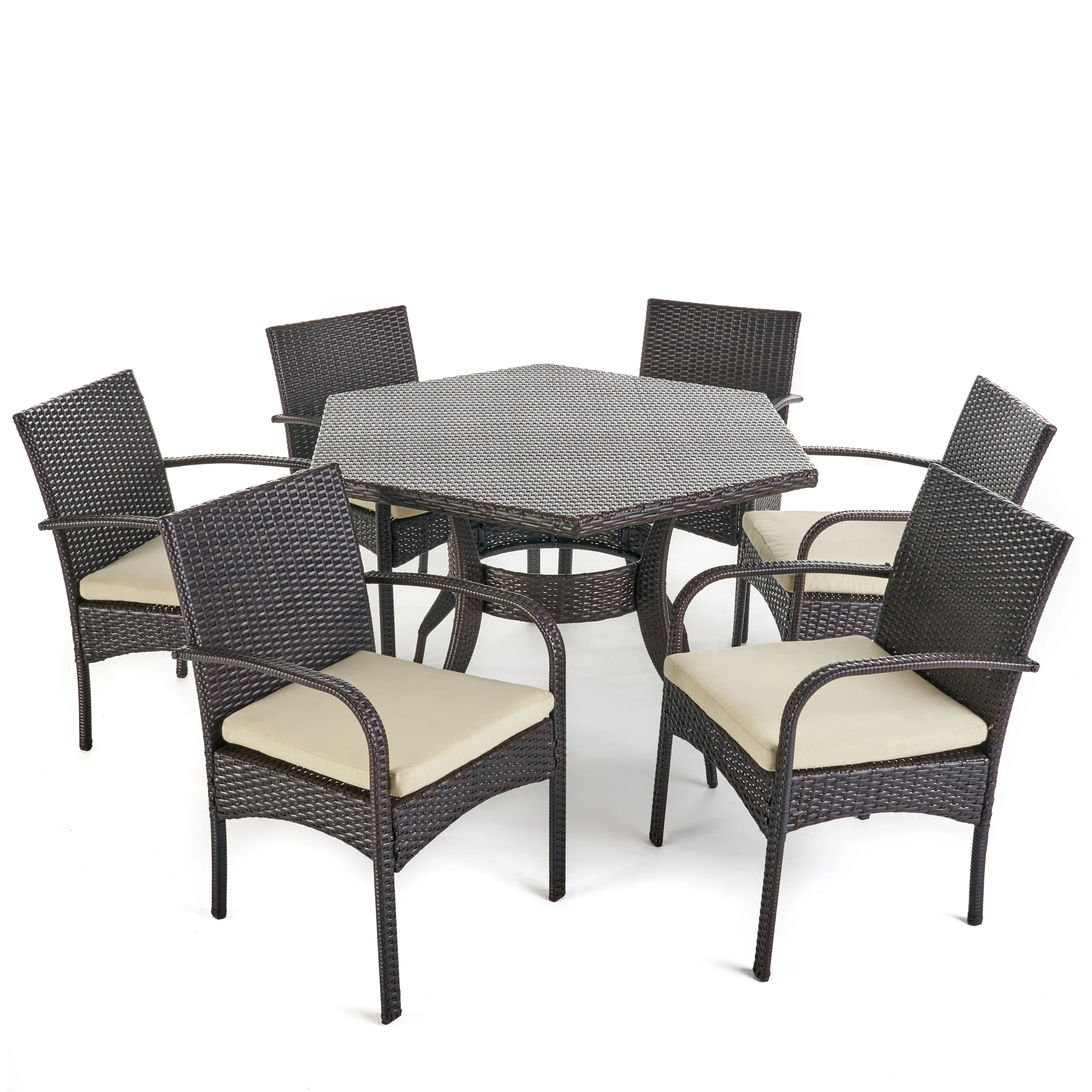 Jasmine Outdoor 7 Piece Wicker Hexagon Dining Set with Water Resistant Chairs - furnishings