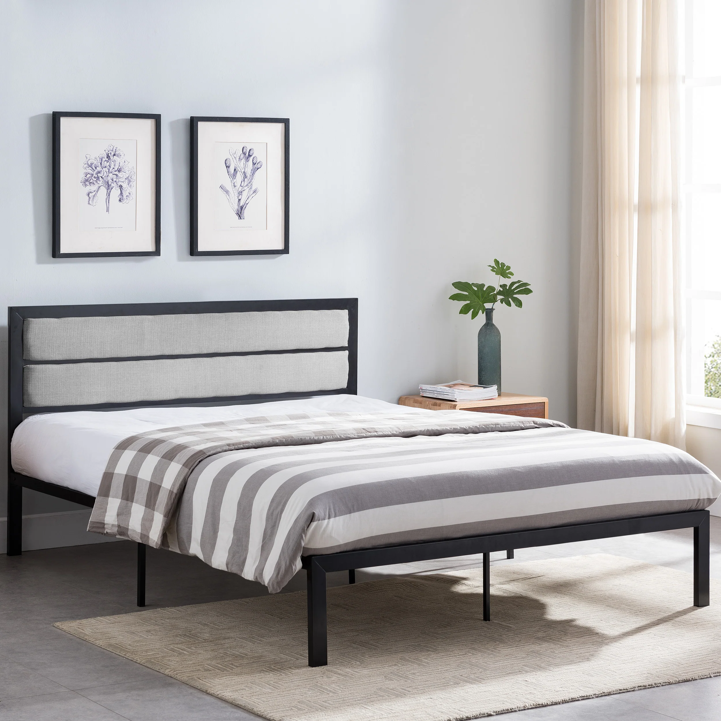 Kiran Minimalistic Modern Iron Queen Bed Frame with Fabric Upholstered Headboard - furnishings