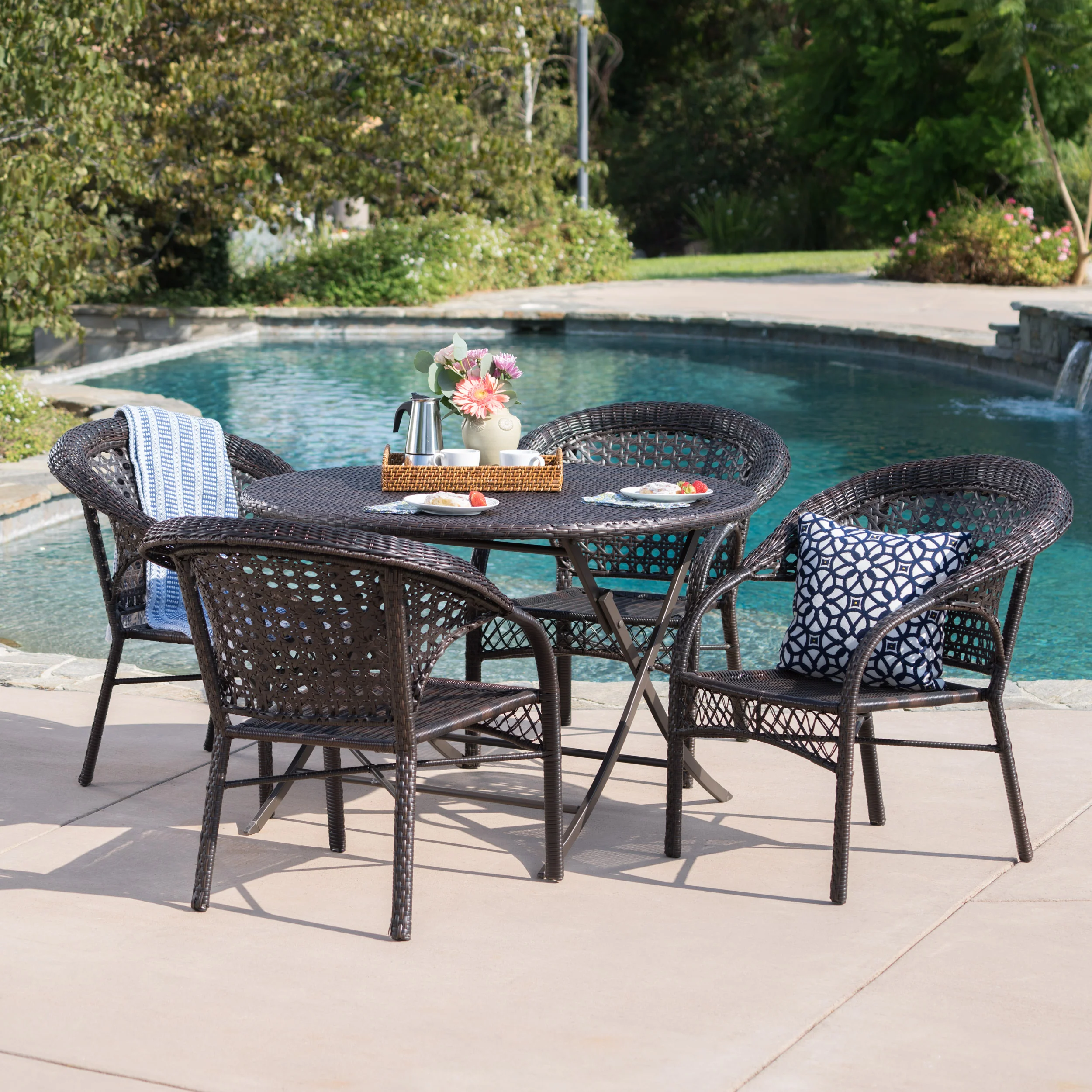 Mackenzie Outdoor 5 Piece Wicker Dining Set with Foldable Table and Chair - furnishings