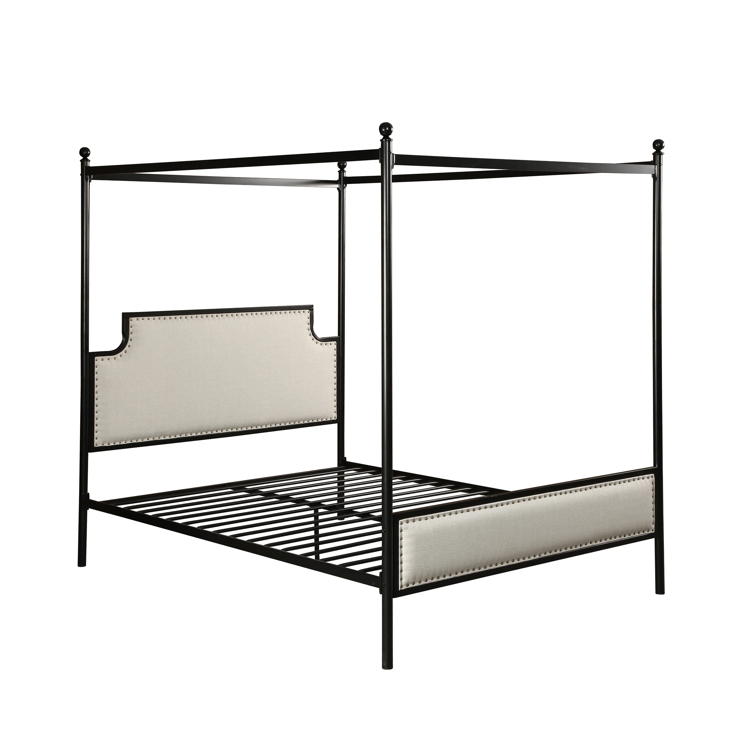 Asa Queen Size Iron Canopy Bed Frame with Upholstered Studded Headboard - furnishings