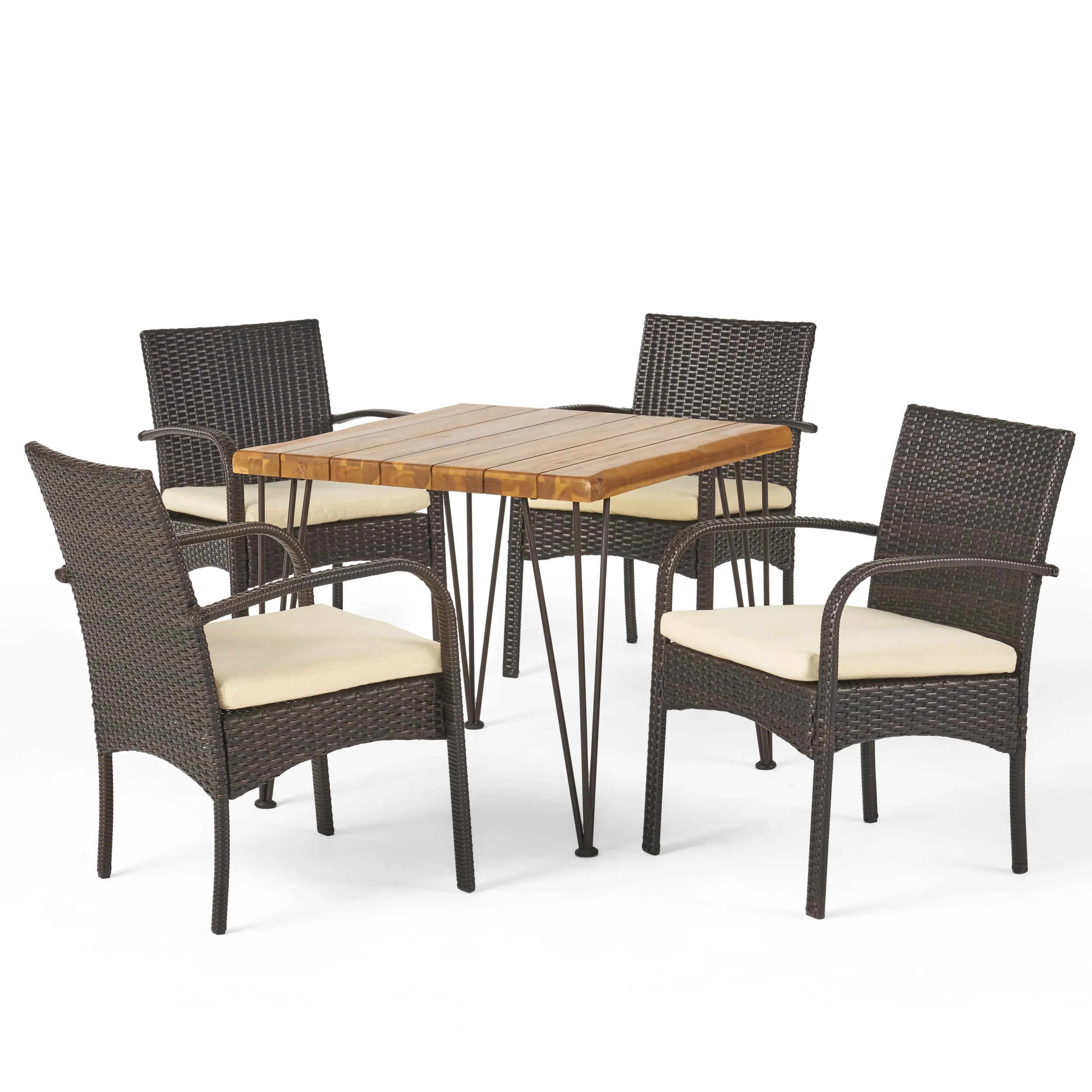 Brady Outdoor Industrial Wood and Wicker 5 Piece Square Dining Set, Teak and Multi Brown and Cr¨¨me - furnishings