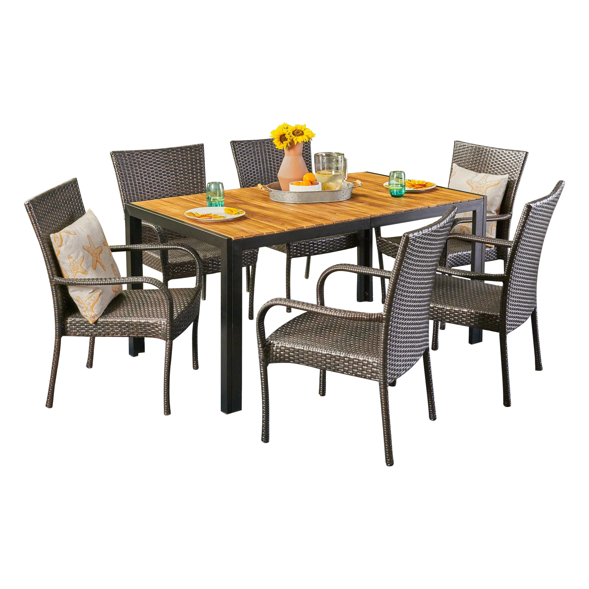 Lorraine Outdoor 6-Seater Rectangular Acacia Wood and Wicker Dining Set, Teak with Black and Multi Brown - furnishings