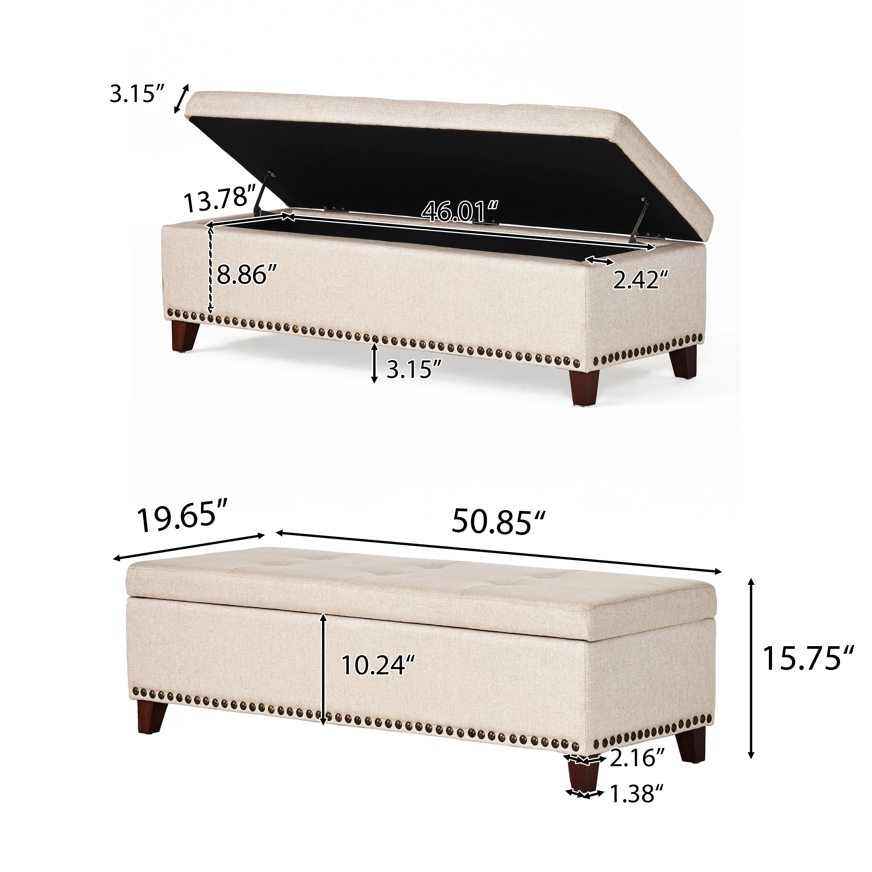 Gisele Tufted Beige Fabric Rectangle Storage Ottoman Bench - furnishings