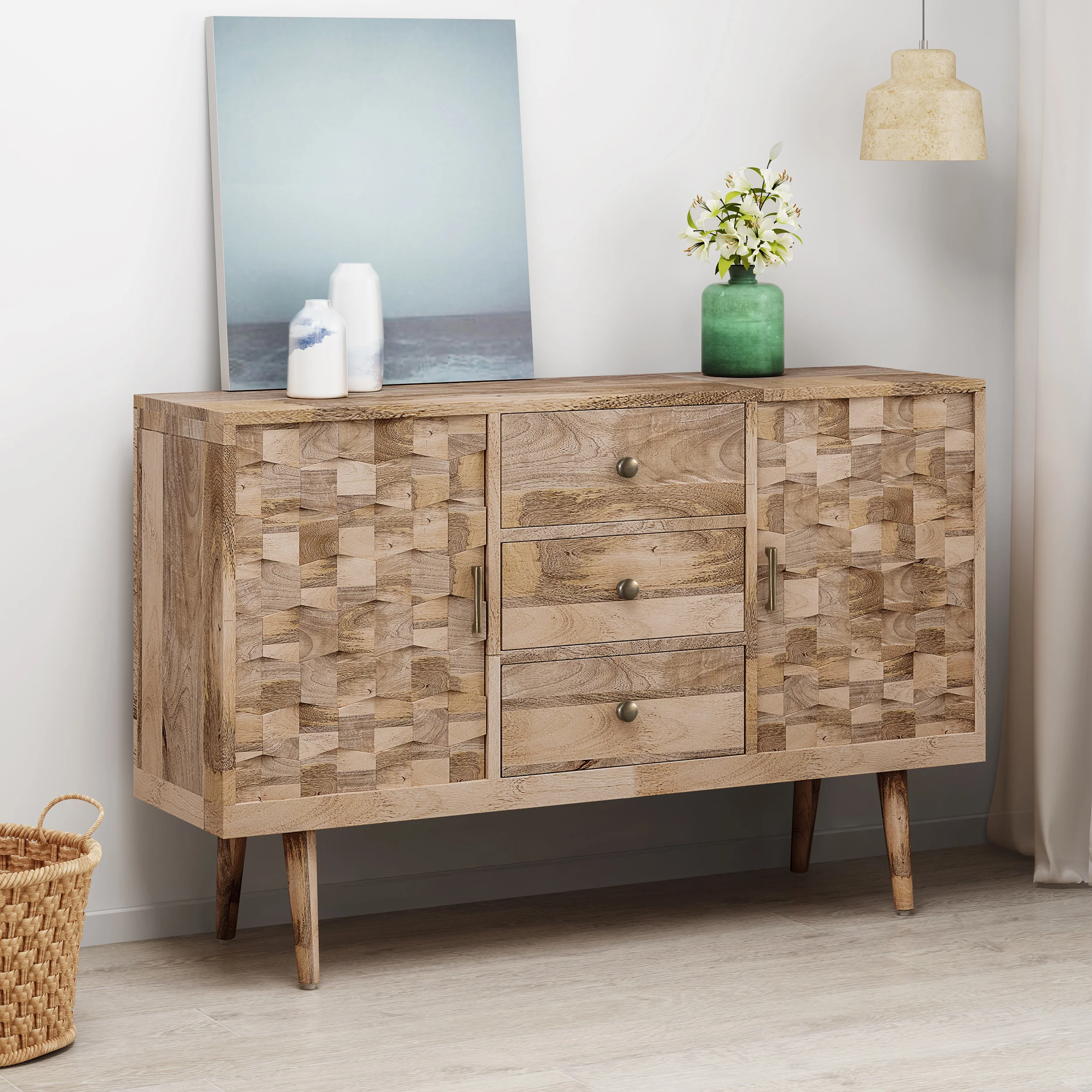 Zona Mid-Century Modern Mango Wood 3 Drawer Sideboard with 2 Doors - furnishings