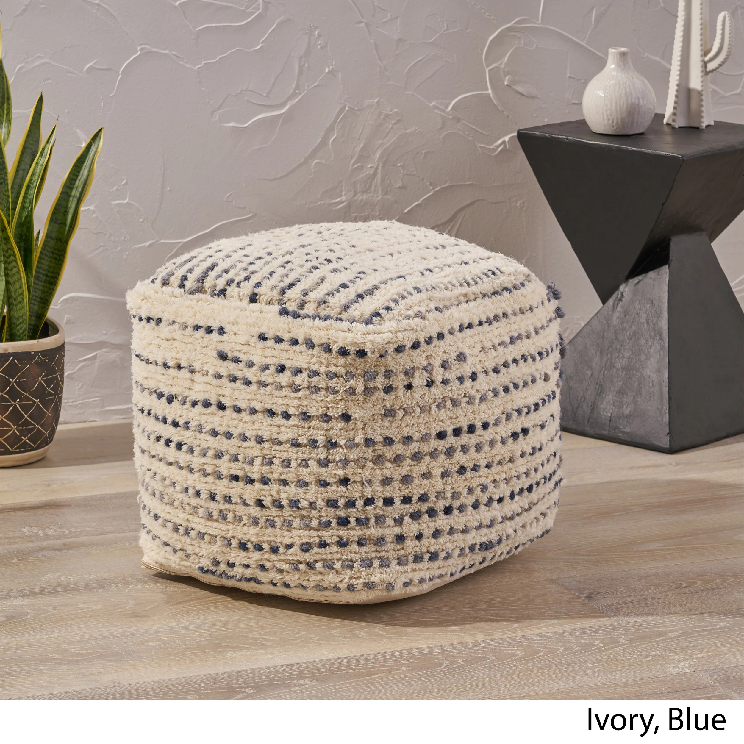 Ewelina Boho Wool and Cotton Ottoman Pouf - furnishings