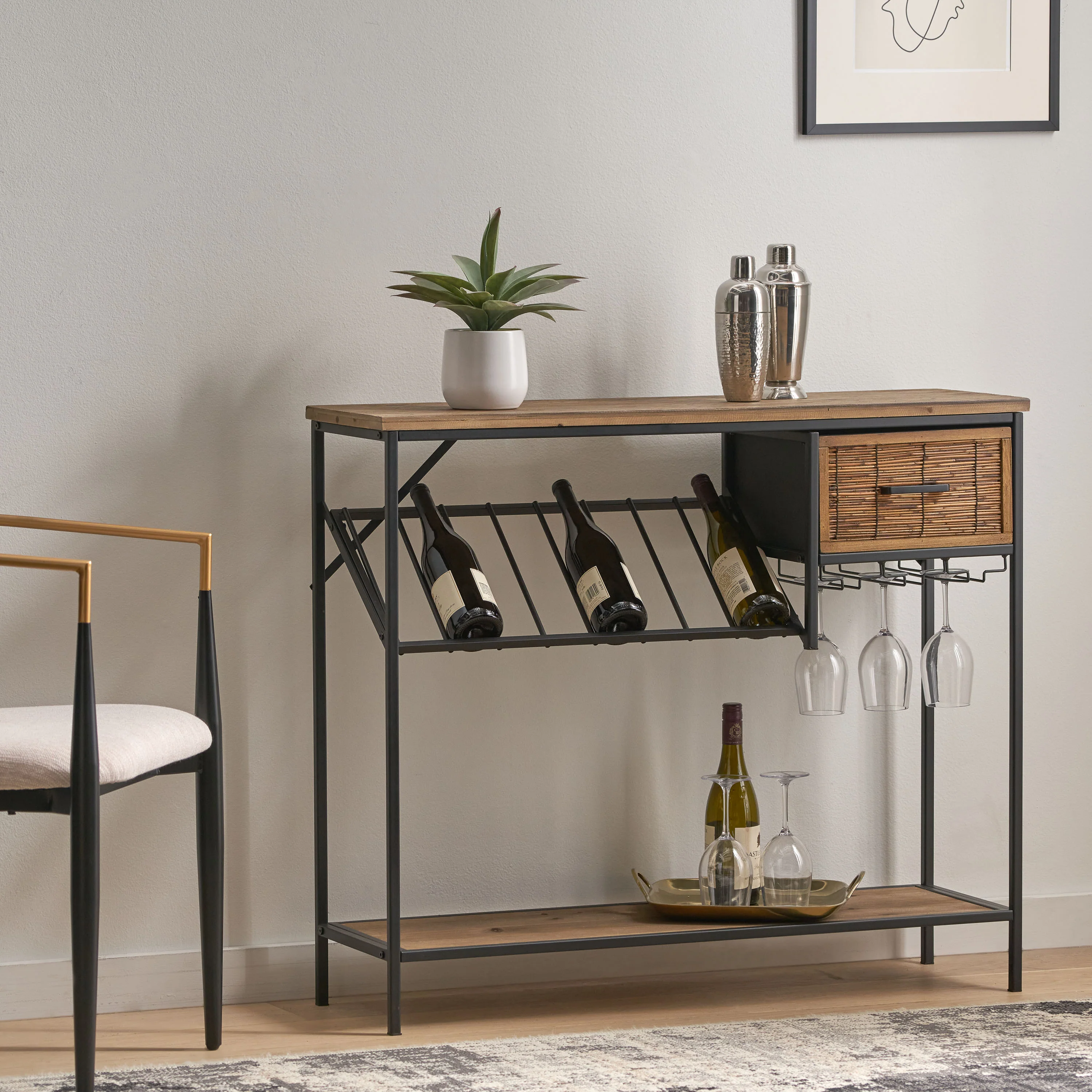 Broadwater Boho Industrial 8 Bottle Wine Rack Console Table with Storage, Natural and Black - furnishings
