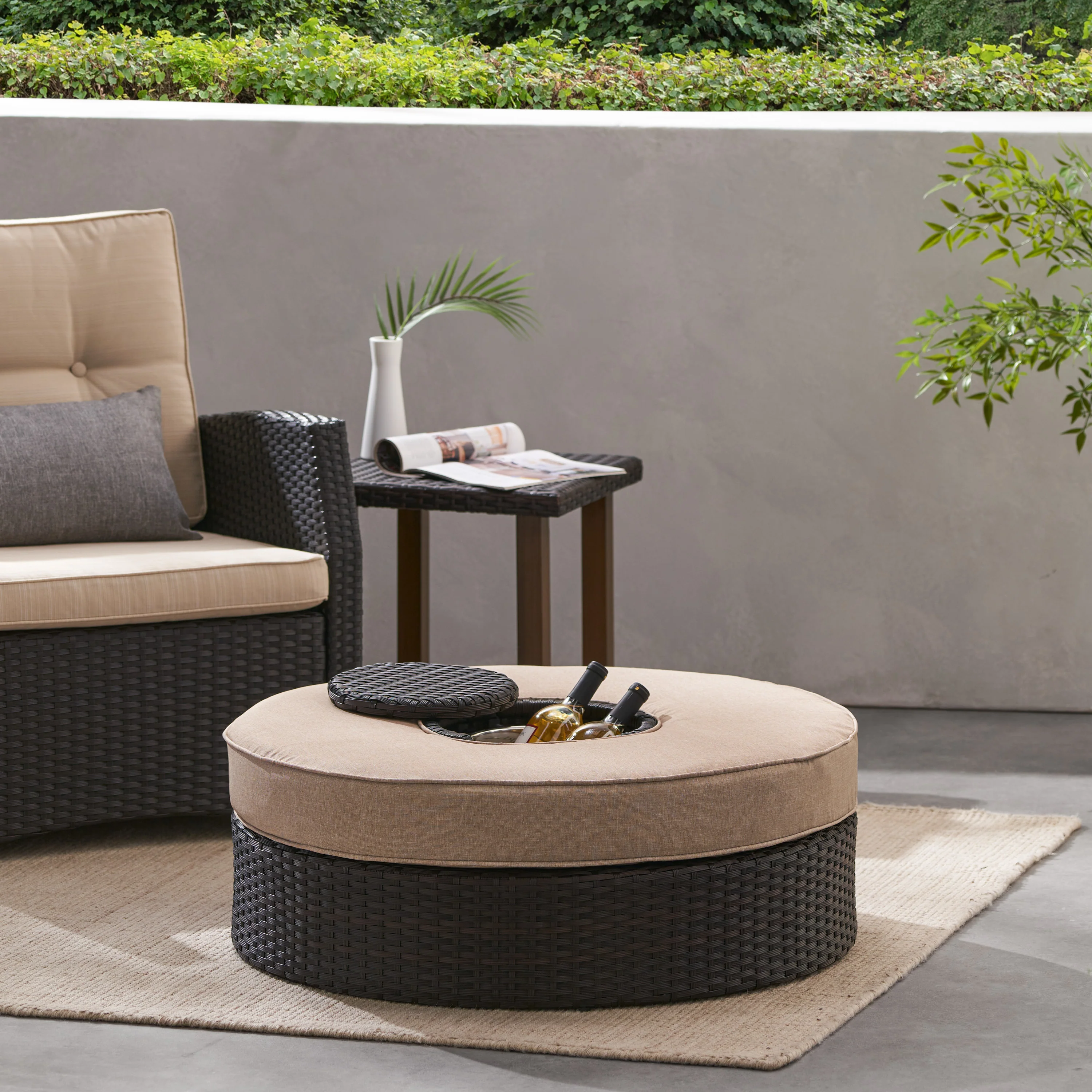 Boden Outdoor Wicker Ottoman with Ice Bucket - furnishings