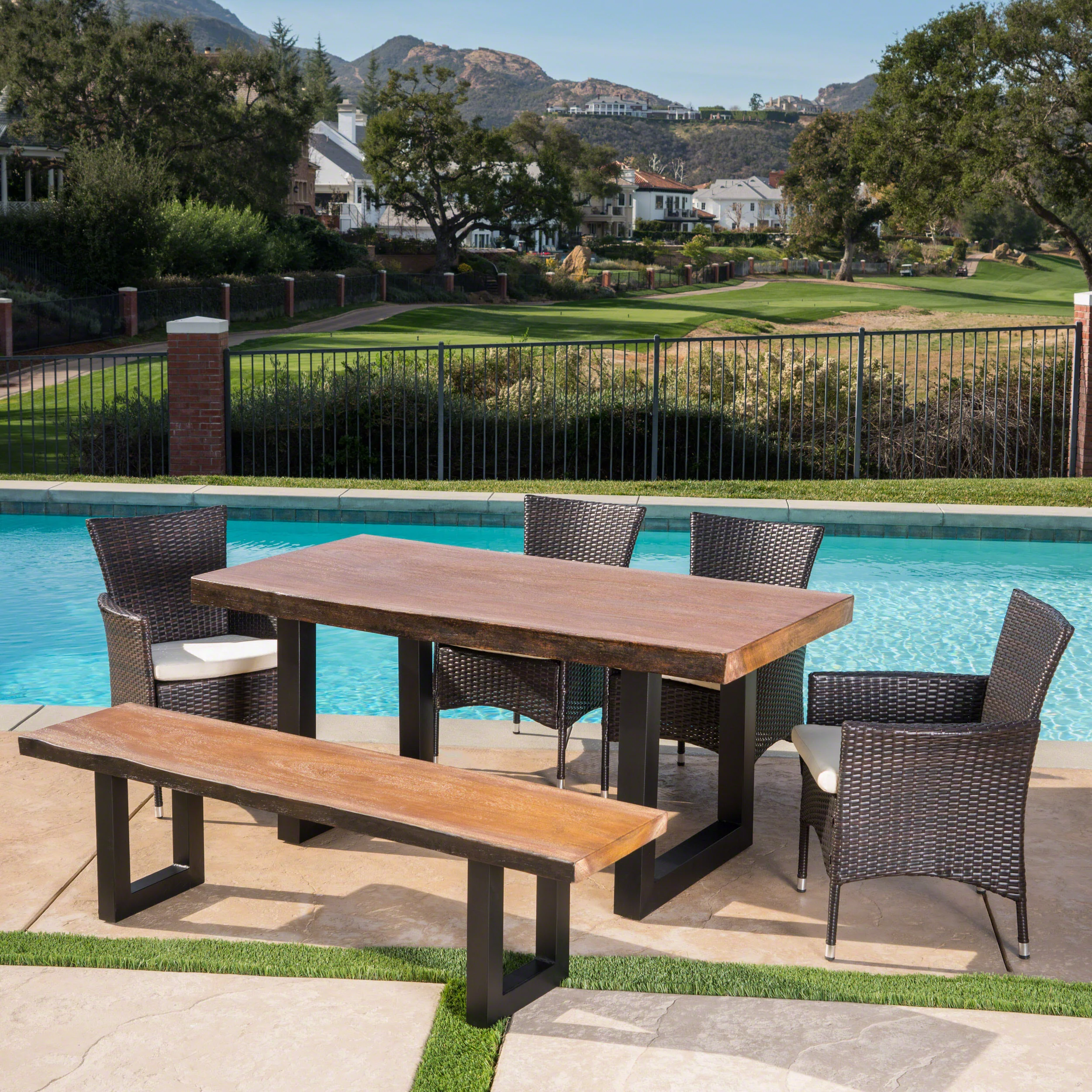 Louise Outdoor 6 Piece Multibrown Wicker and Concrete Dining Set - furnishings