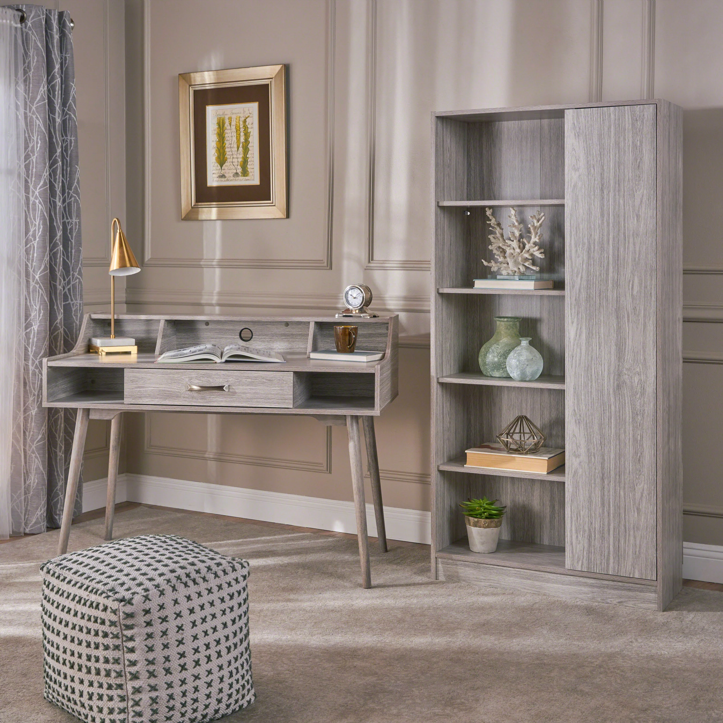 Belinda Mid Century Modern Office Desk And Bookcase Set - furnishings