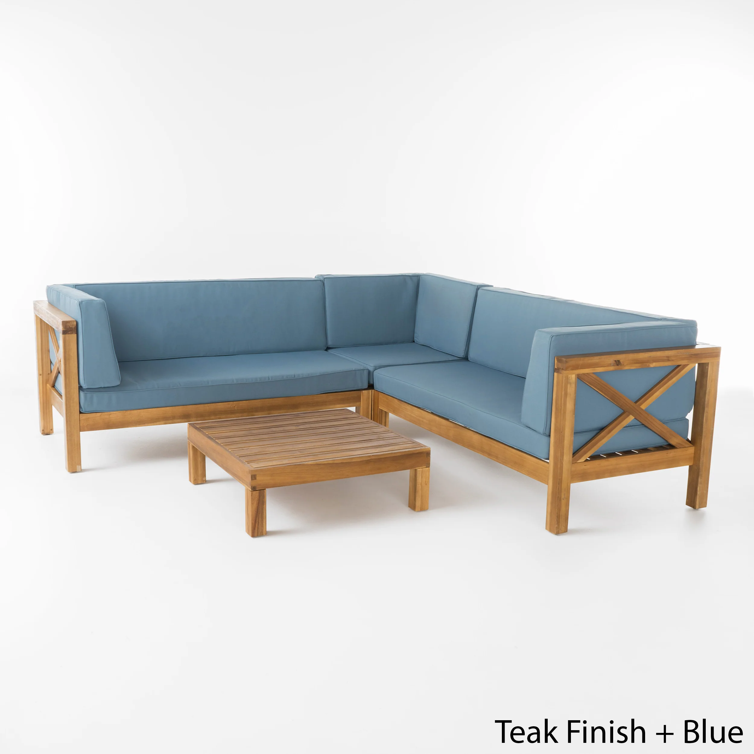 Brava Outdoor 4 Piece V-Shaped Acacia Wood Sectional Sofa and Coffee Table Set - furnishings