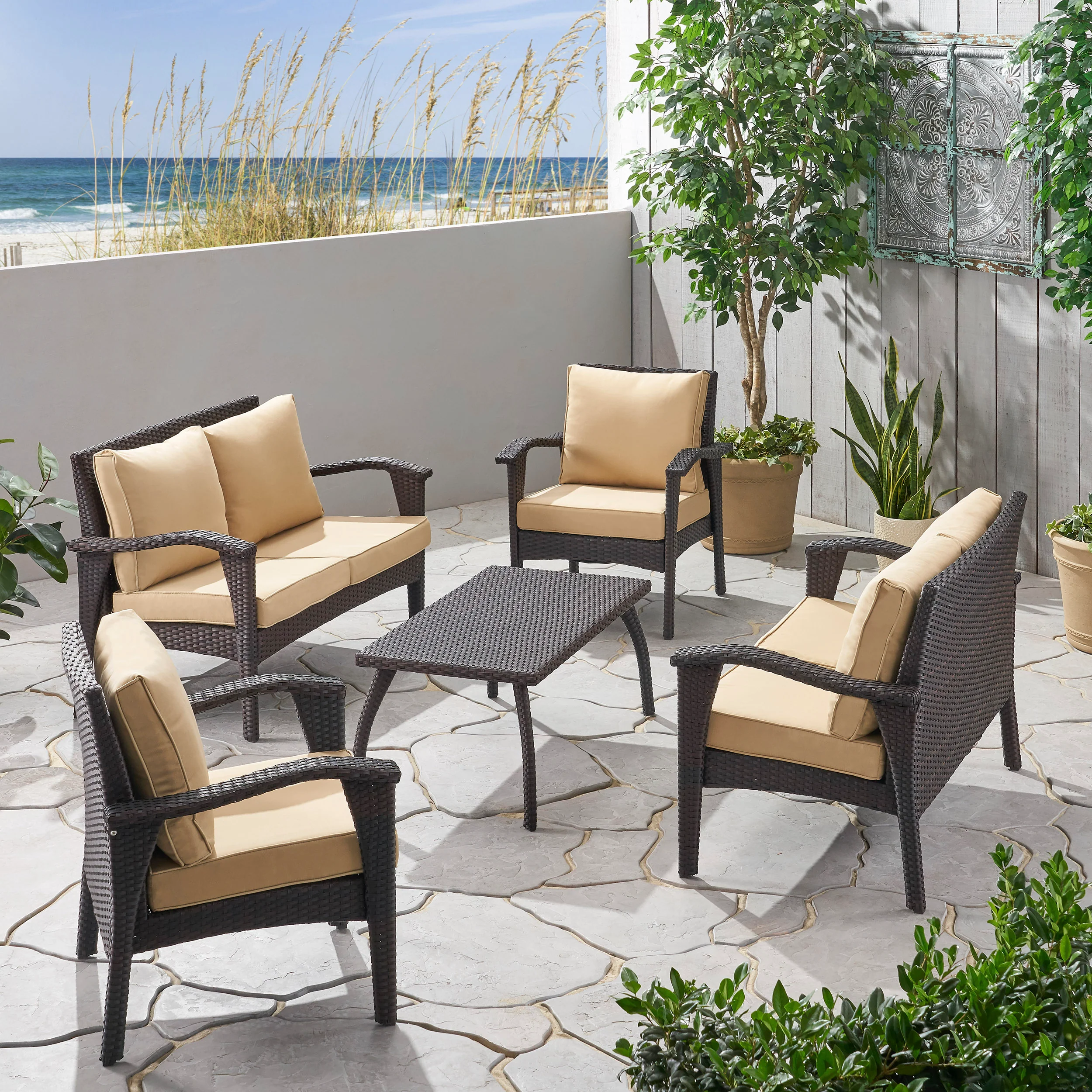 Voyage Outdoor 6 Seater Wicker Chat Set with Cushions - furnishings