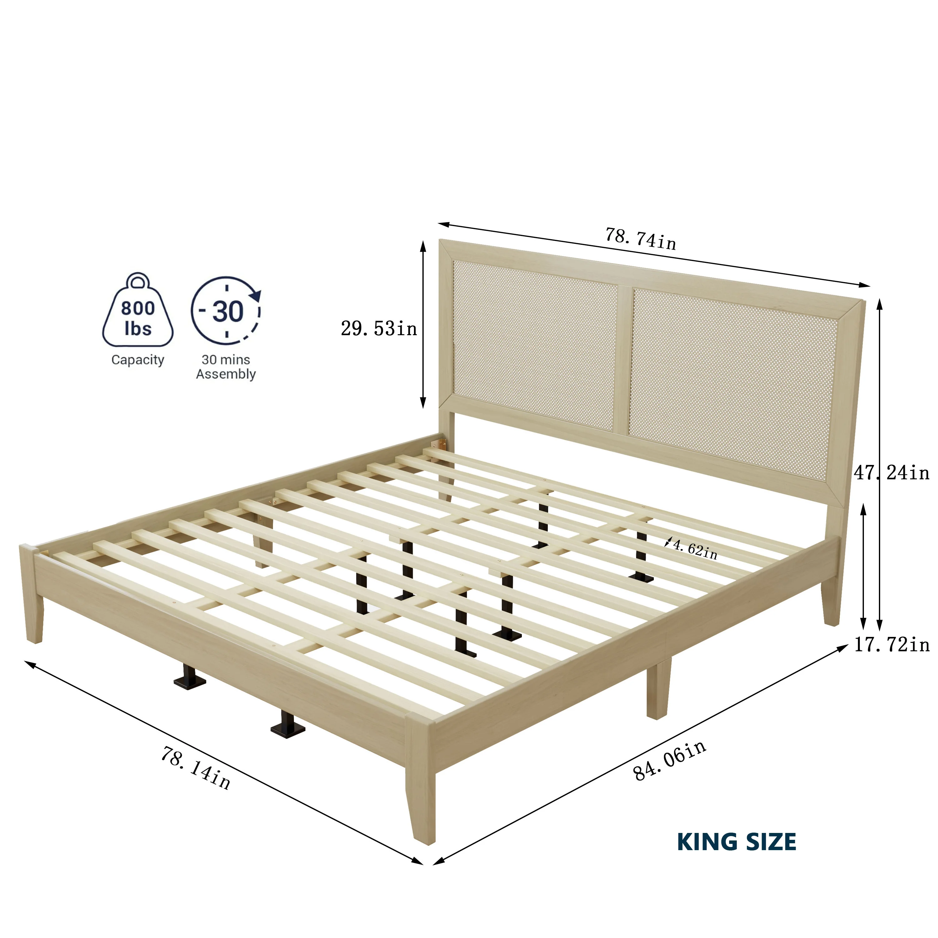 Linenwood Eudoca Rubber Wood Platform Bed with Rattan Woven Headboard, Natural - furnishings