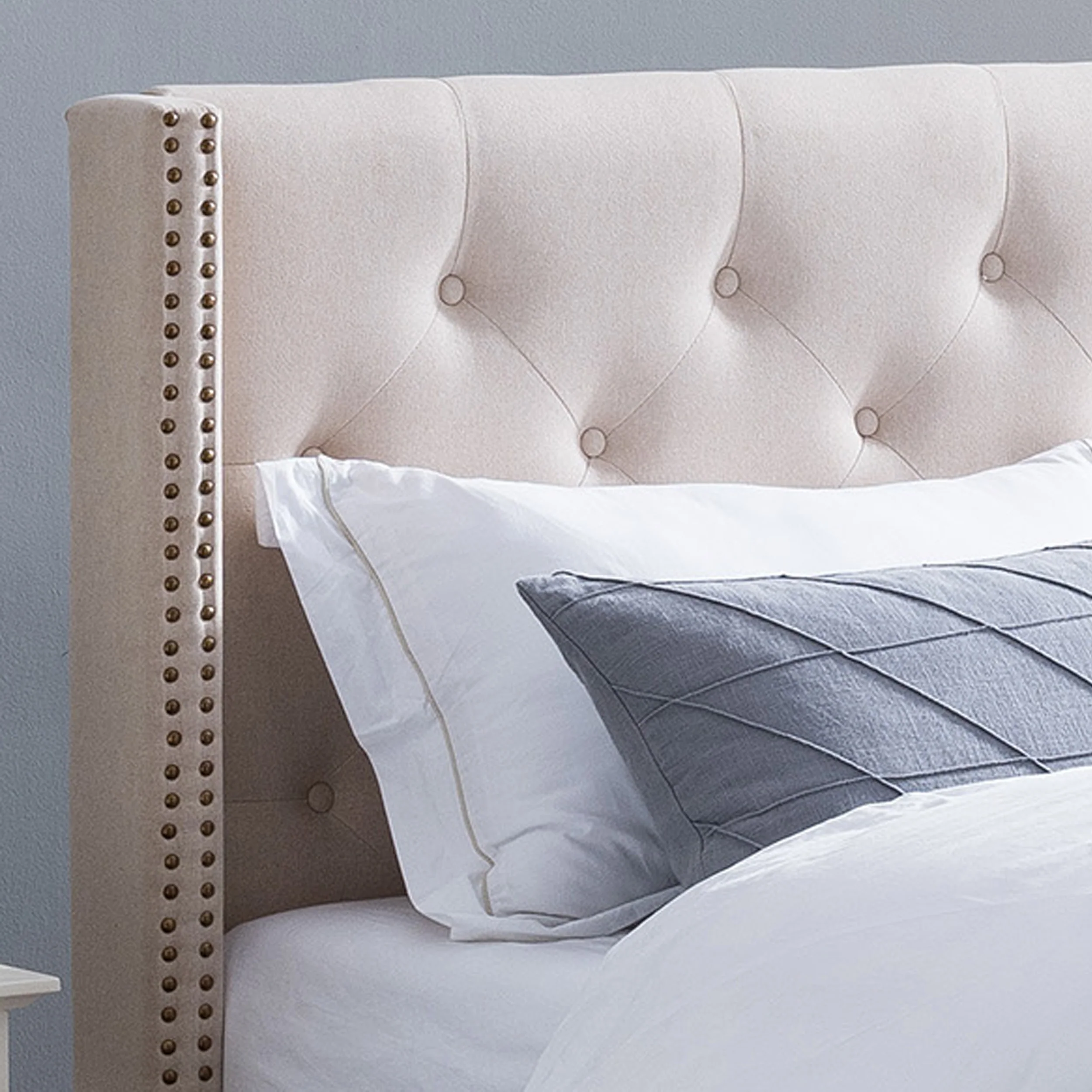 Ray Contemporary Rhinestone-Tufted Wingback Bed Frame with Nailhead Trim - furnishings
