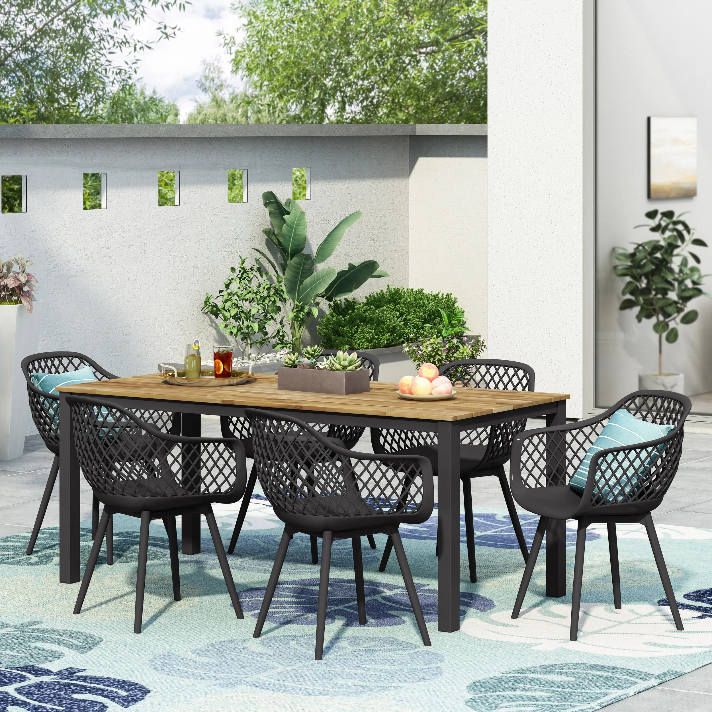 Tate Outdoor Wood and Resin 7 Piece Dining Set, Black and Teak - furnishings