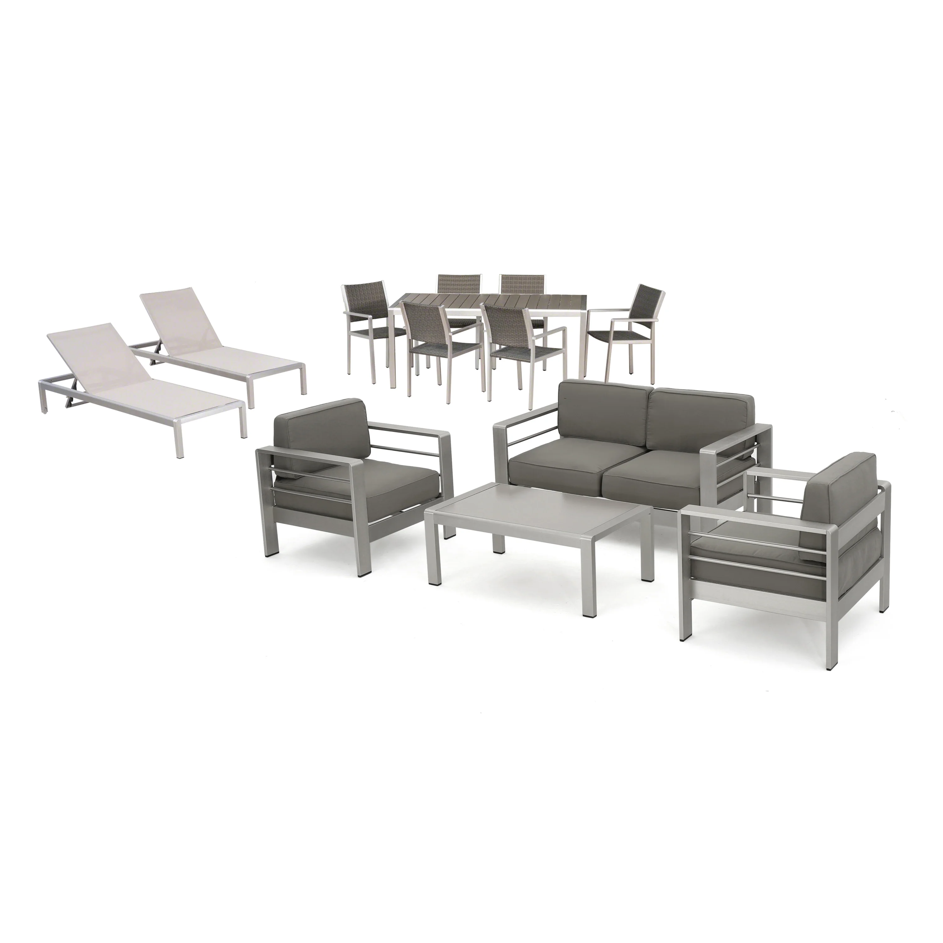 Crested Bay 7 Piece Dining Set with Faux Wood + 4pc Chat Set + 2 Chaise Lounges - furnishings