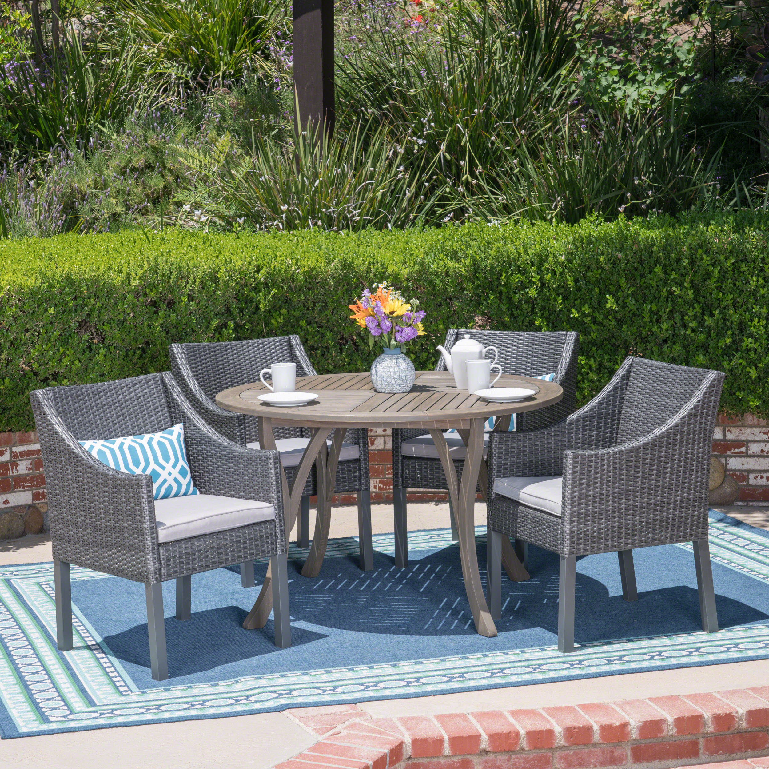 Tycie Outdoor 5 Piece Acacia Wood and Wicker Dining Set, Gray with Gray Chairs - furnishings