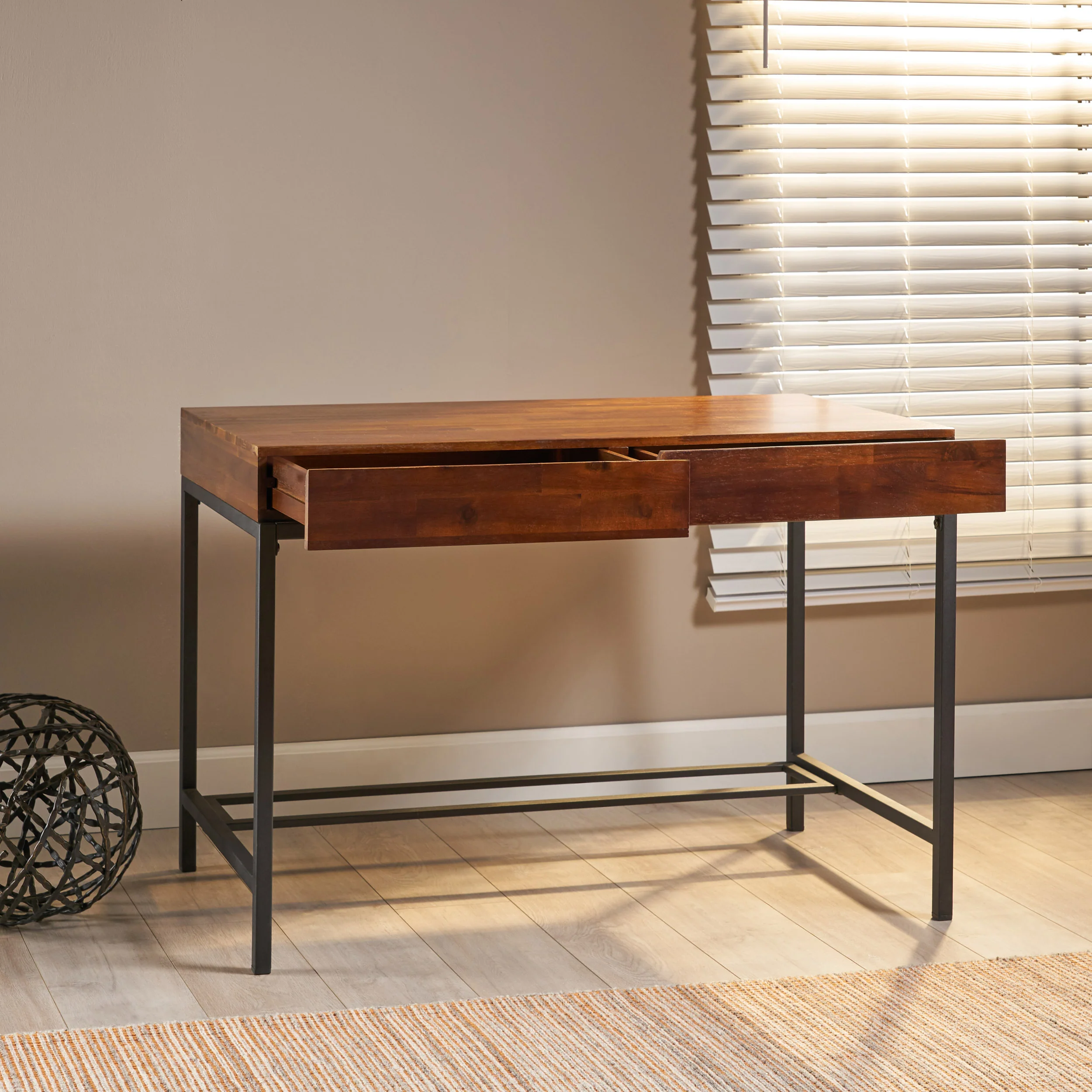 Elrod Industrial Dark Oak Acacia Wood Storage Desk with Rustic Metal Iron Accent - furnishings