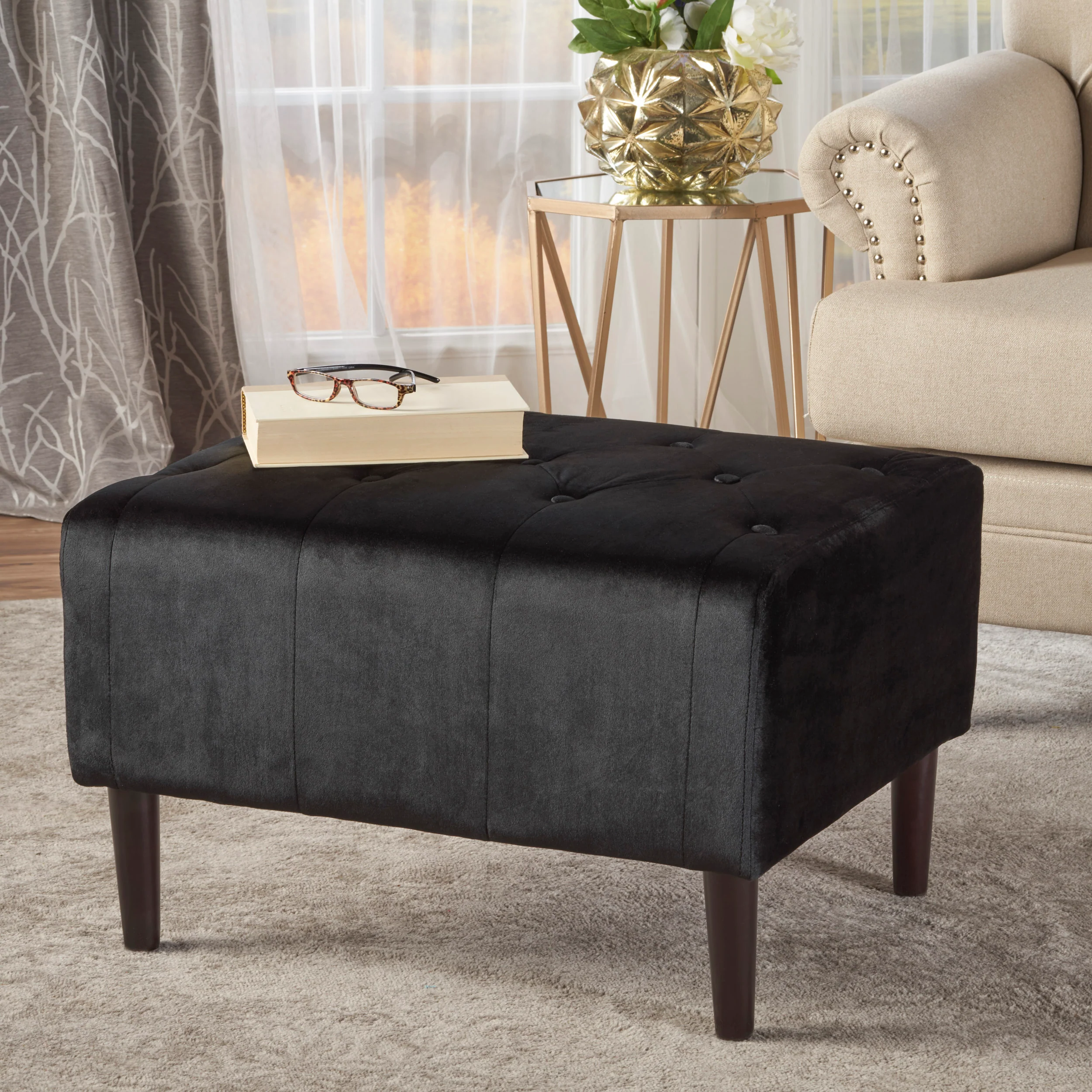 Kalani Modern Glam Button Tufted Diamond Stitch Velvet Ottoman With Tapered Legs - furnishings