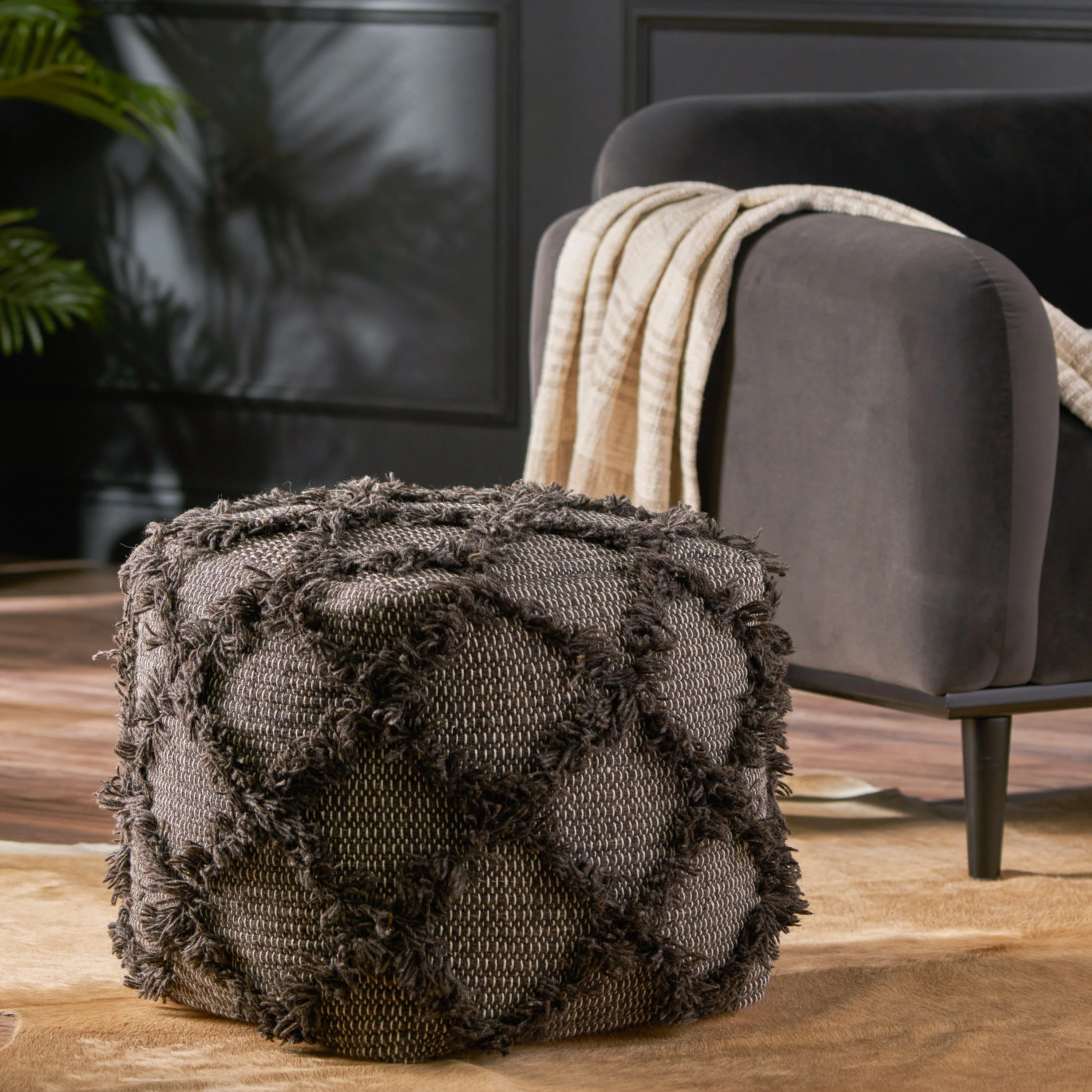 Viraj Boho Artisan Hand Woven Wool and Cotton Cube Pouf - furnishings