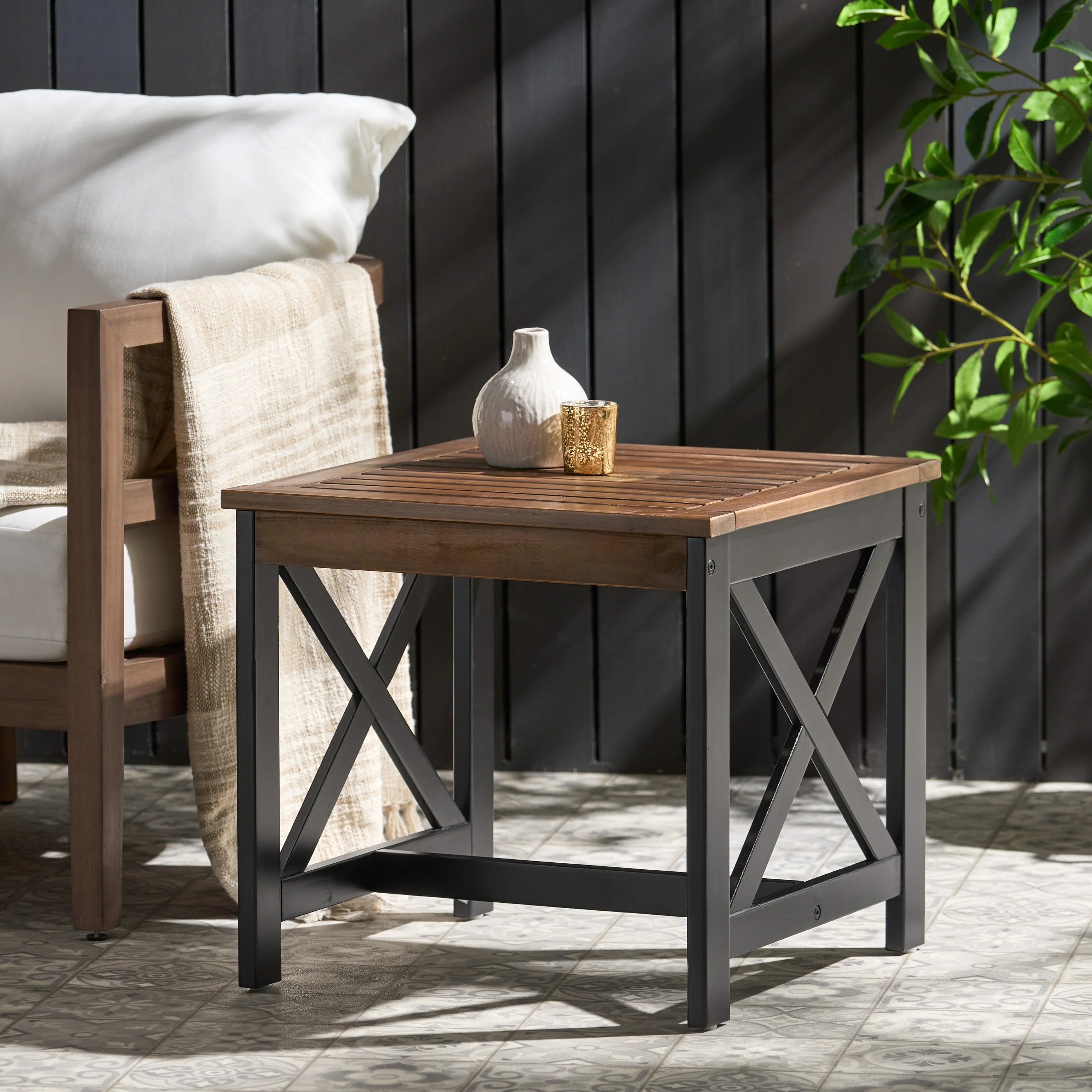 Jean Farmhouse X-Frame Acacia Wood End Table with Slat Top - furnishings