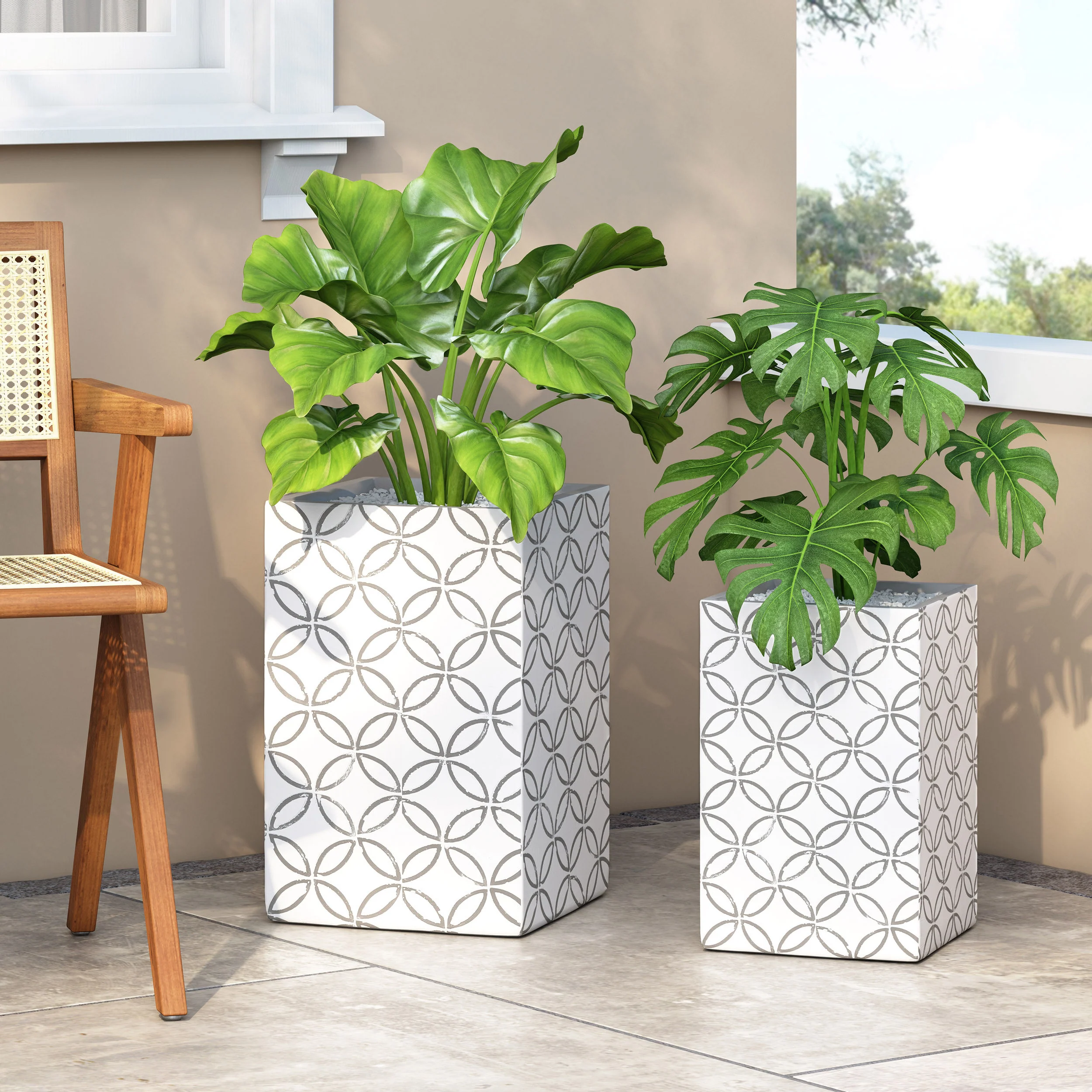 Hartselle Outdoor Medium and Large Cast Stone Planter Set, White with Gray - furnishings
