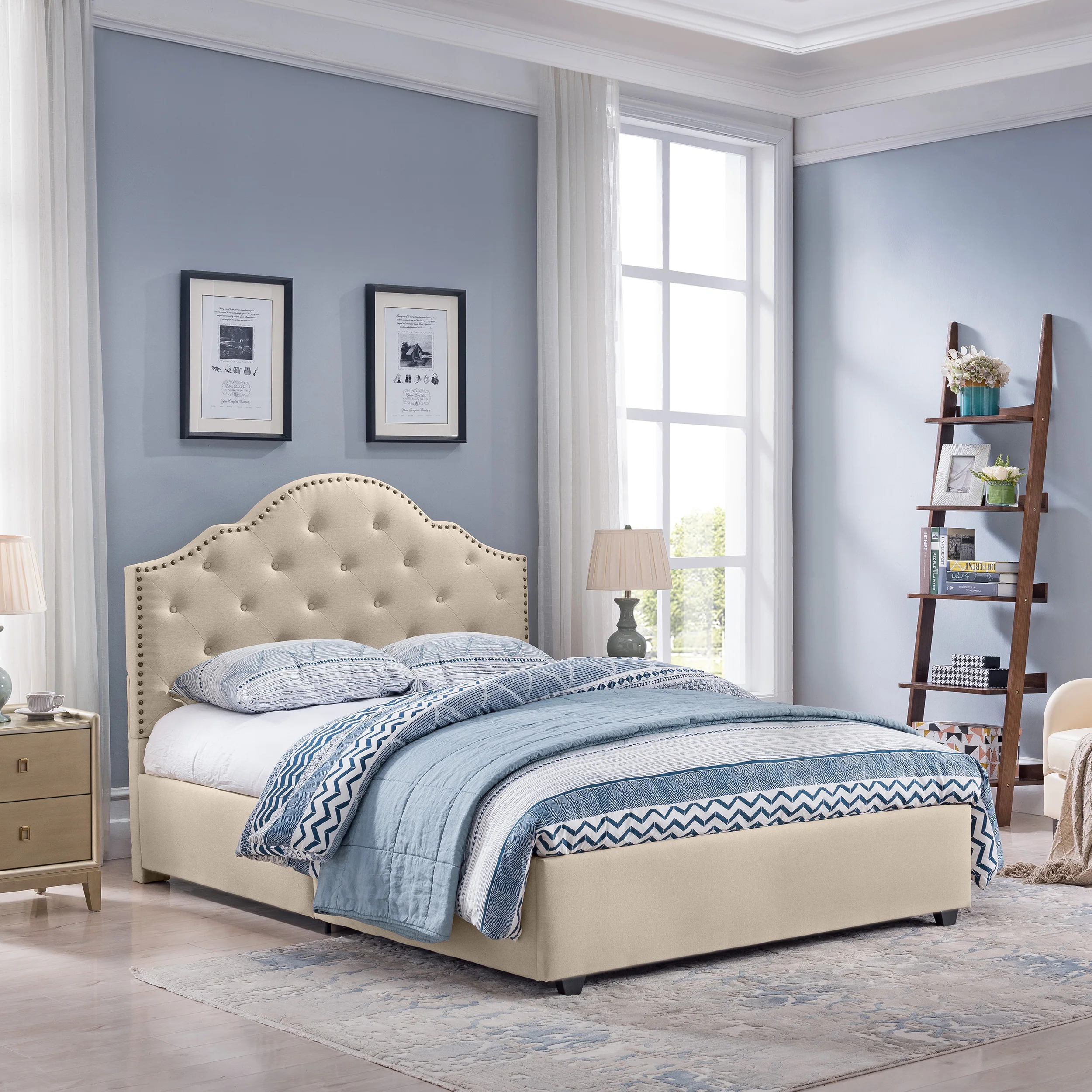 Gentry Contemporary Button-Tufted Camelback Queen Bed Frame with Nailhead Trim - furnishings