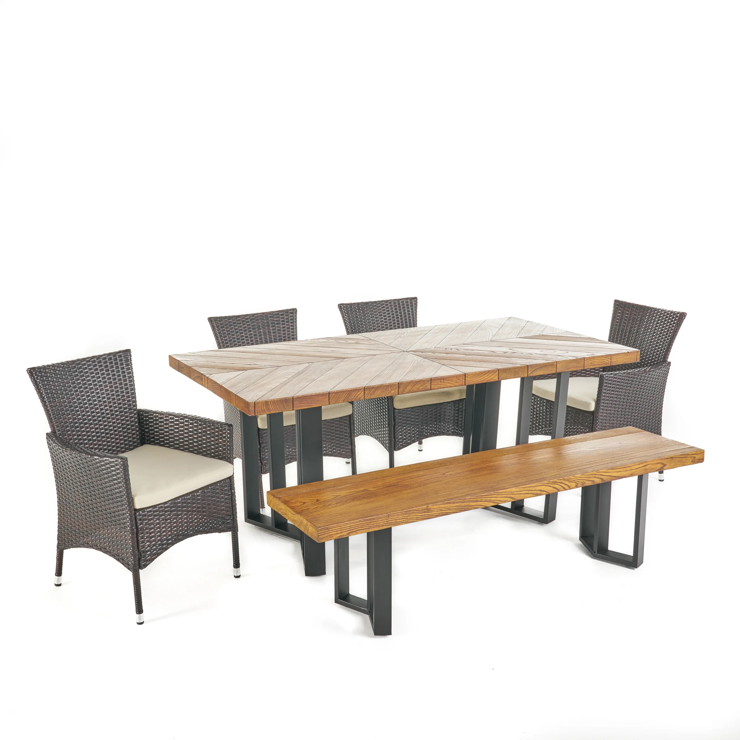 Truda Outdoor 6 Piece Wicker Dining Set with Concrete Dining Table and Bench - furnishings
