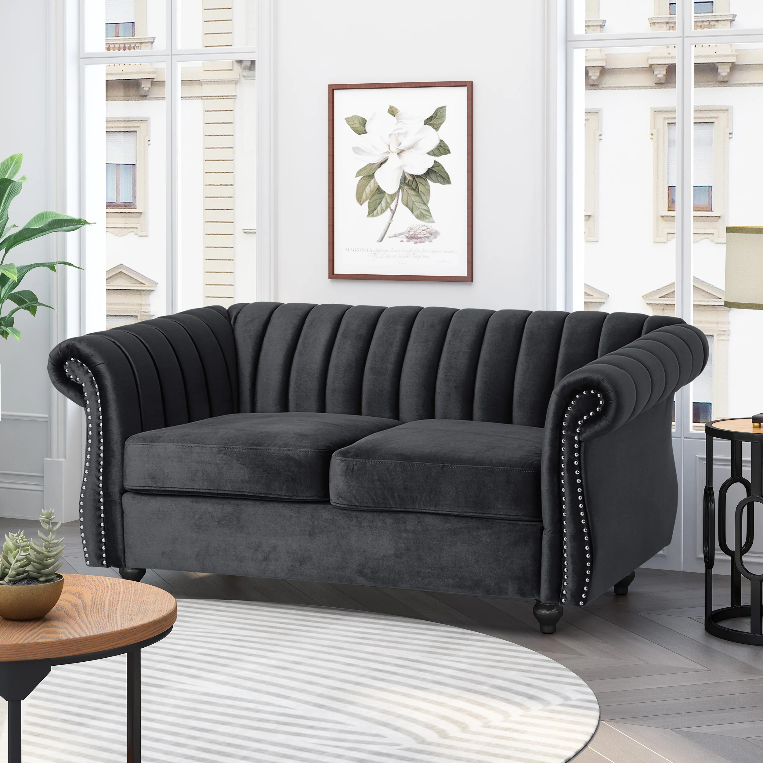 Bauman Modern Glam Channel Stitch Loveseat with Nailhead Trim - furnishings
