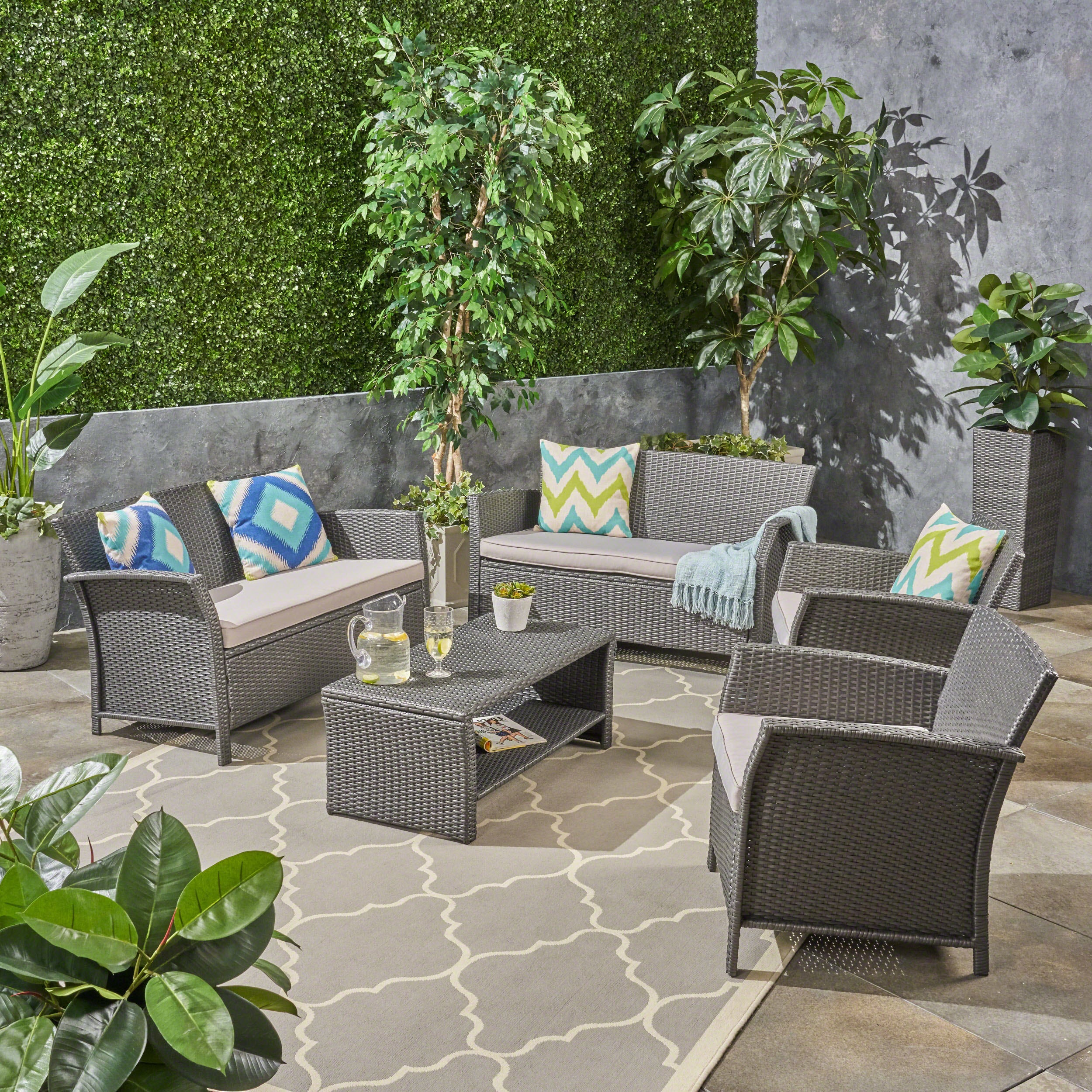 Lucia Outdoor 6-Seater Wicker Conversation Set with Coffee Table - furnishings