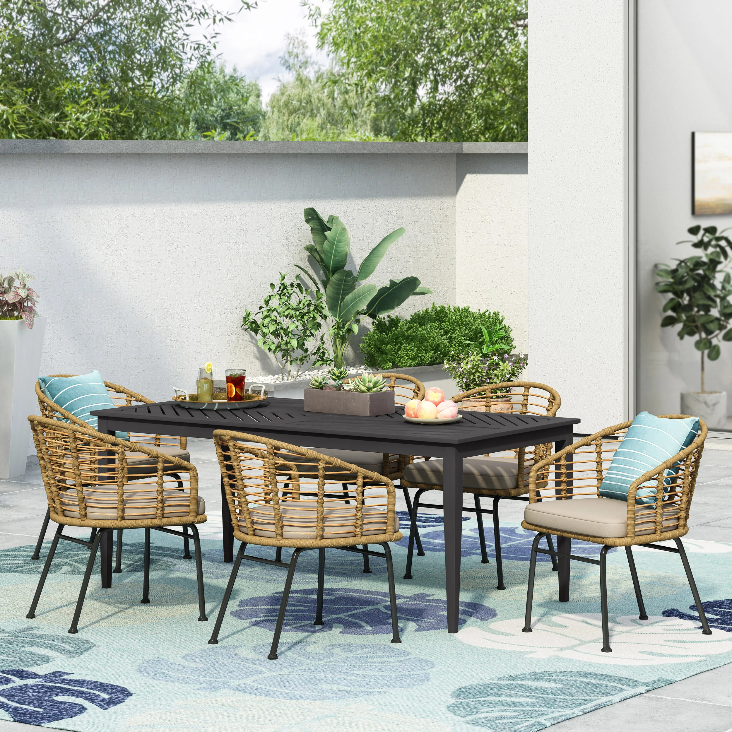 Monture Outdoor Wicker 7 Piece Dining Set, Light Brown, Black, and Beige - furnishings