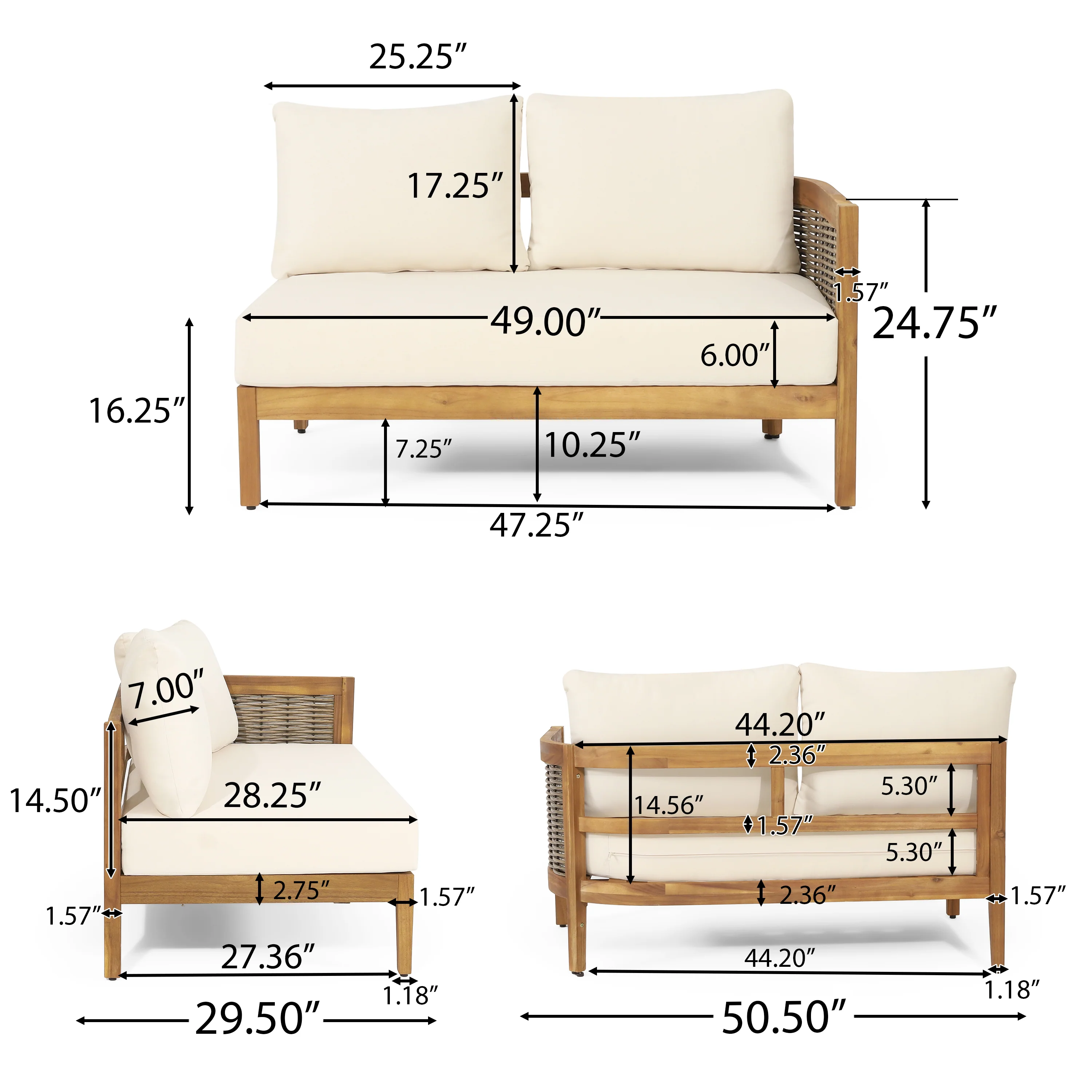 The Crowne Collection Outdoor Acacia Wood and Round Wicker 5 Seater Sectional Sofa Chat Set with Fire Pit - furnishings
