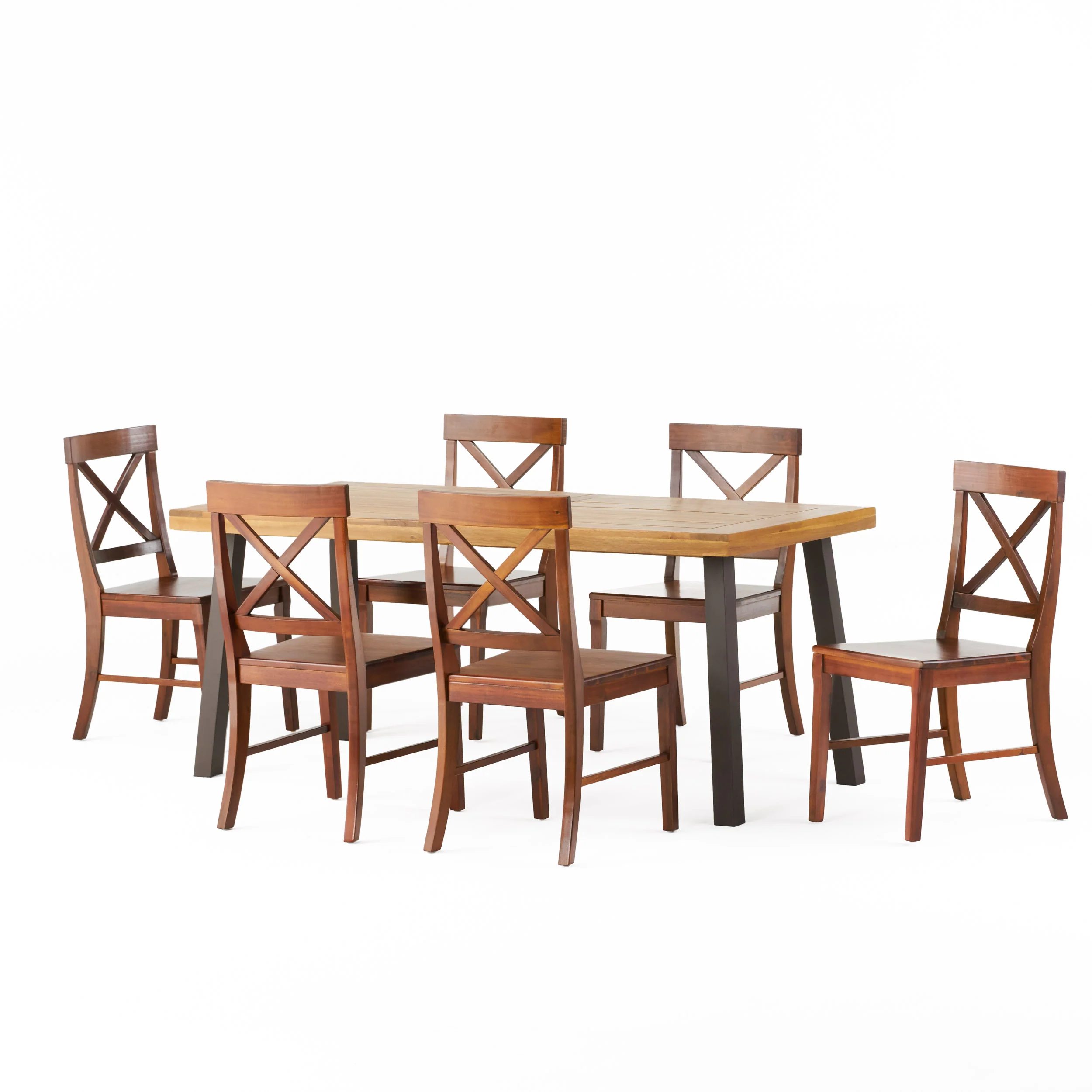 Rumbrook Farmhouse Acacia Wood and Iron 7 Piece Dining Set, Natural, Rustic Metal, and Rich Mahogany - furnishings