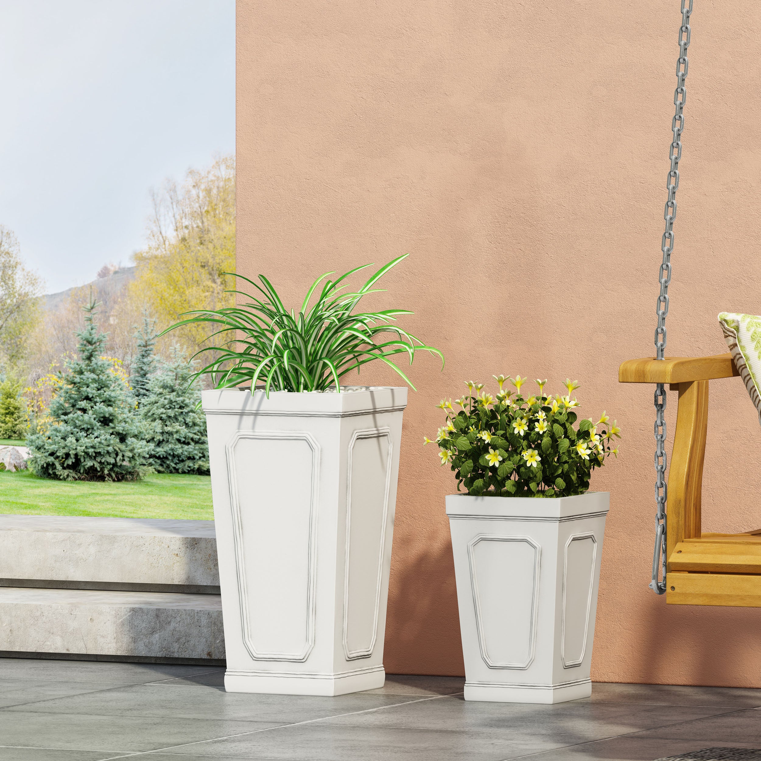 Greg Outdoor Small and Medium Cast Stone Tapered Planter Set, Antique White - furnishings