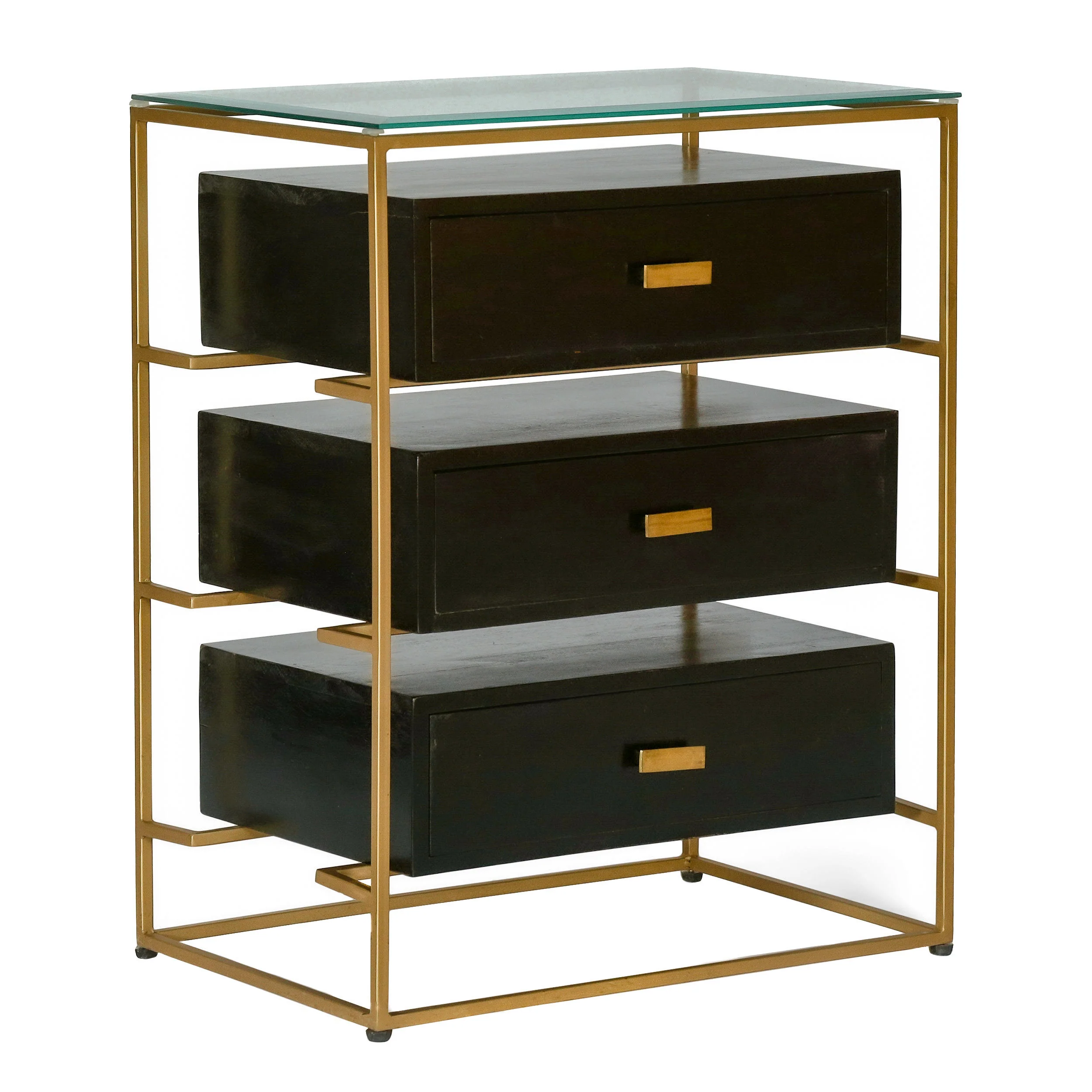 Sonne Modern Handcrafted 3 Drawer Glass Top Nightstand, Black and Brass - furnishings