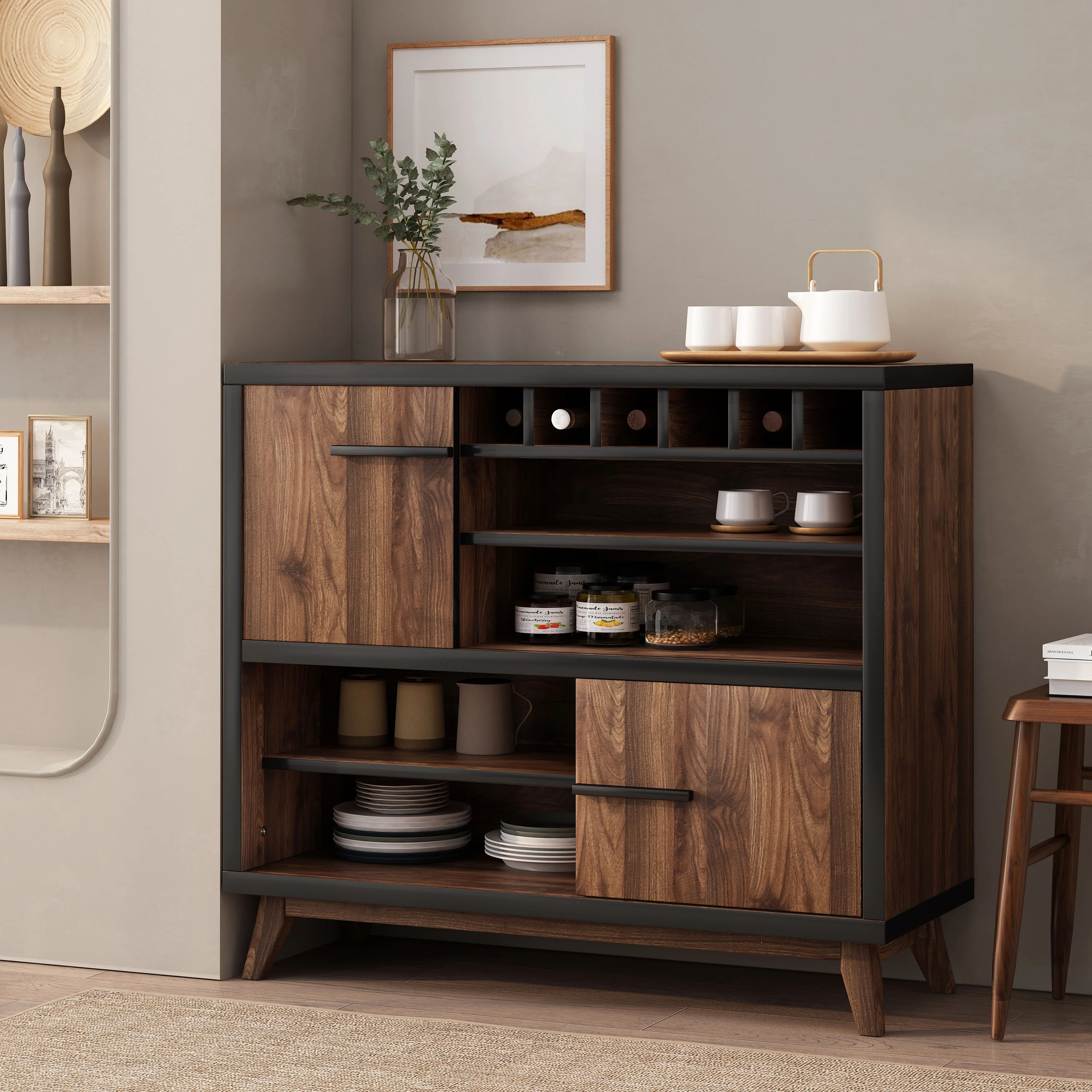 Rowell Modern Industrial Wooden 6 Bottle Wine Cabinet, Walnut, Black, and Dark Brown - furnishings
